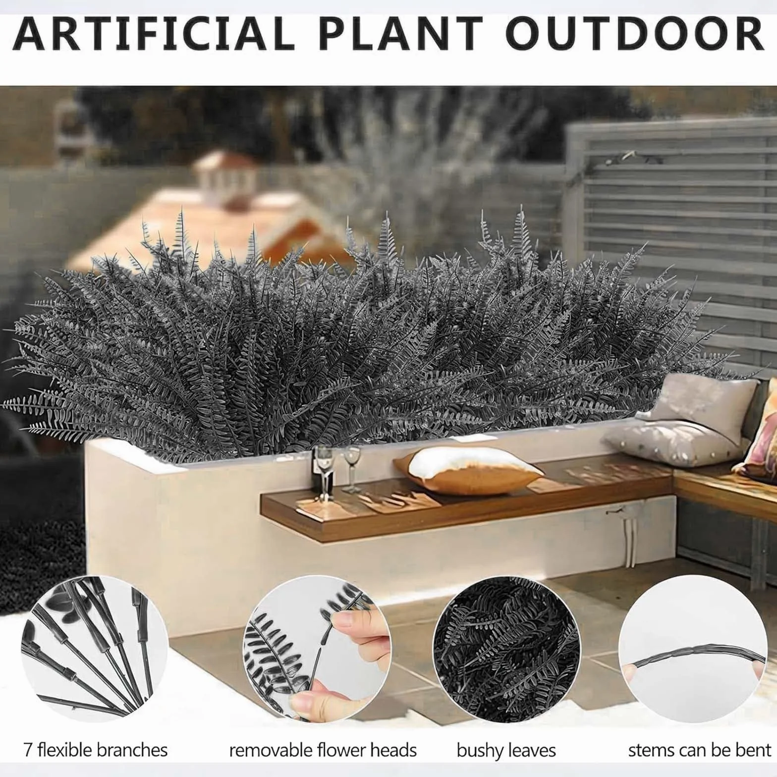 Helecho de plástico negro decorativo para interiores y exteriores, en maceta