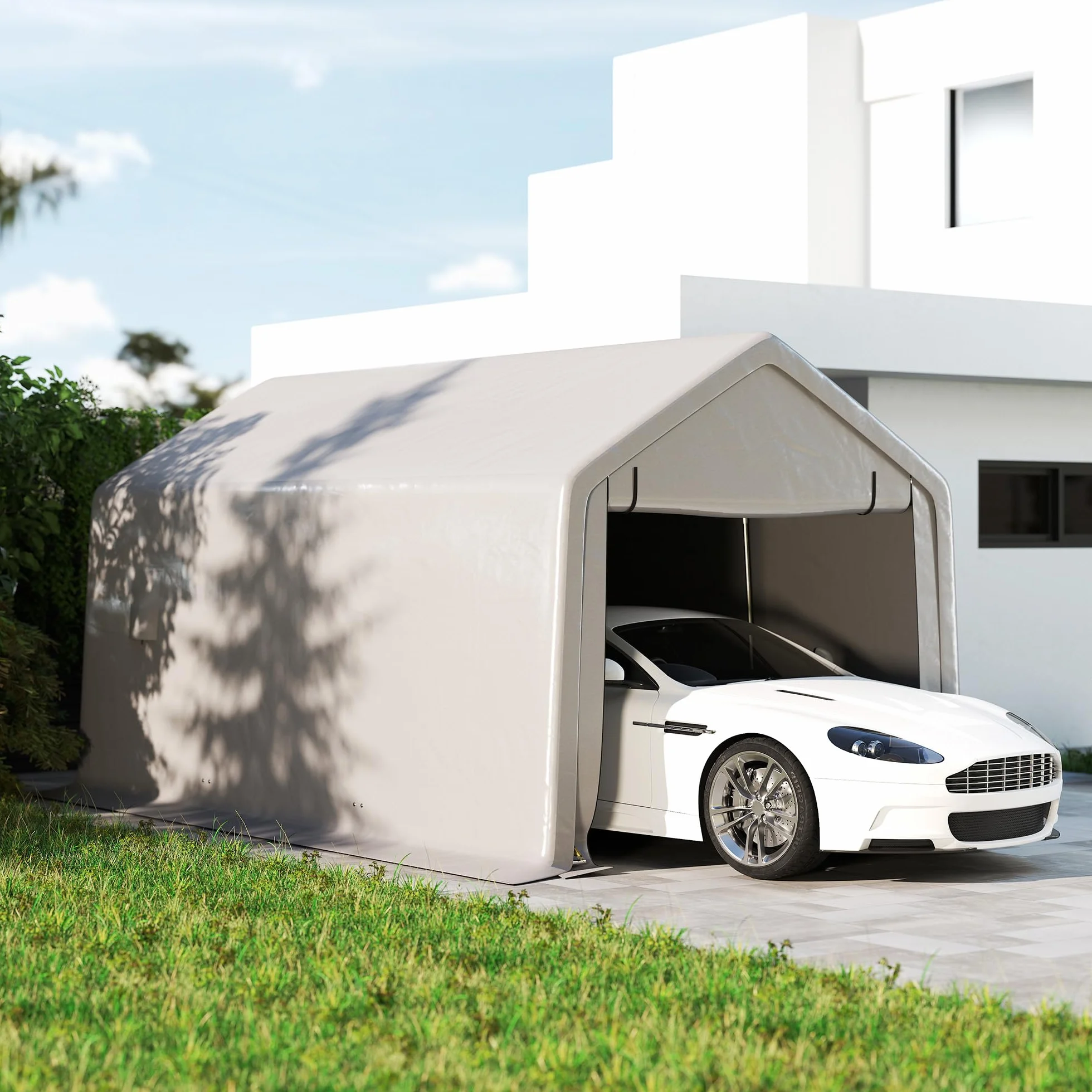 Outsunny Carport 3 x 5,2 m Cobertizo para Coche Exterior con Puerta Enrollable Gris