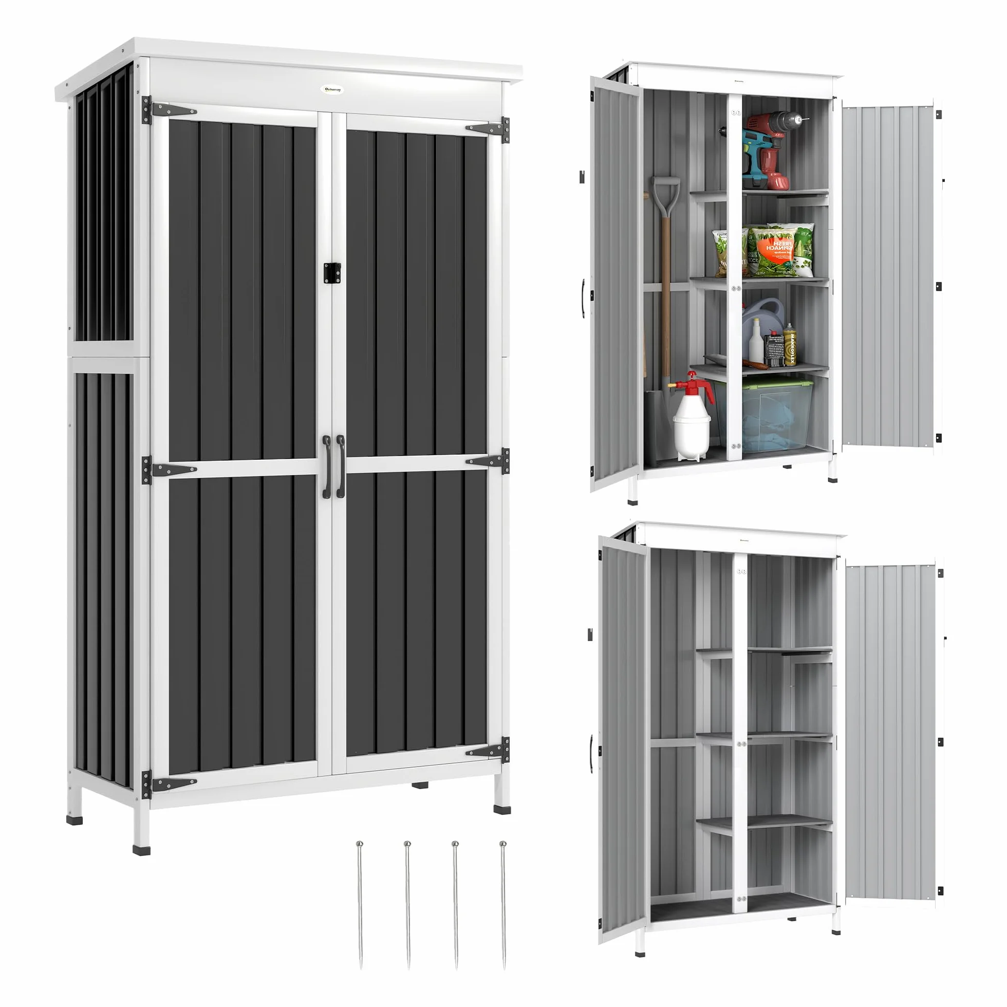 Outsunny Caseta de Jardín Madera Acero 94x43x166 cm Cobertizo Exterior Armario Herramientas 2 Puertas Estantes Ajustables Techo Impermeable Negro