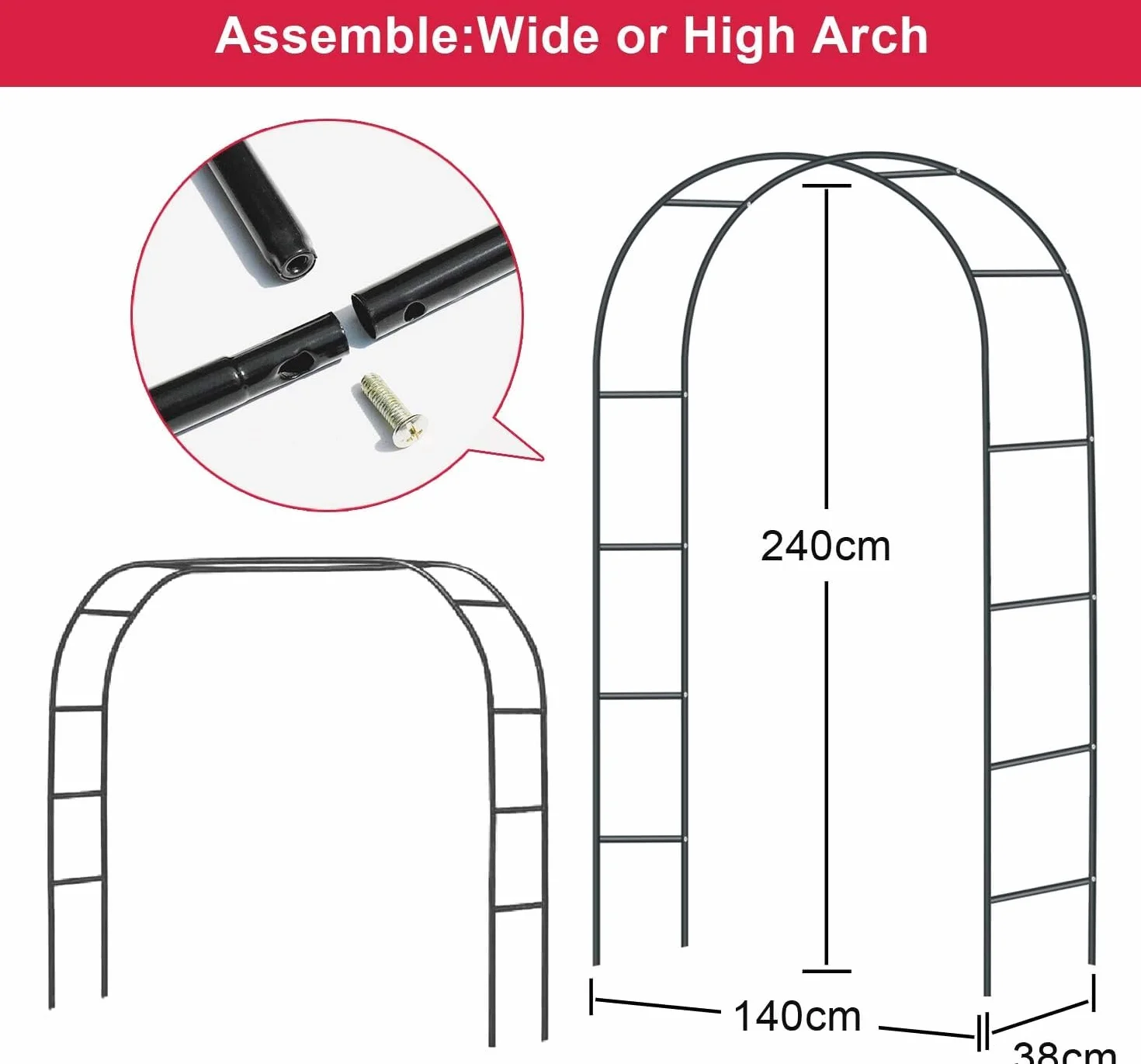 Forever Speed 3PCS Arco de Rosas Trepadoras,Decoracion Jardin Arco de Metal para Plantas Trepadoras 240 x 140 x 38 CM Negro