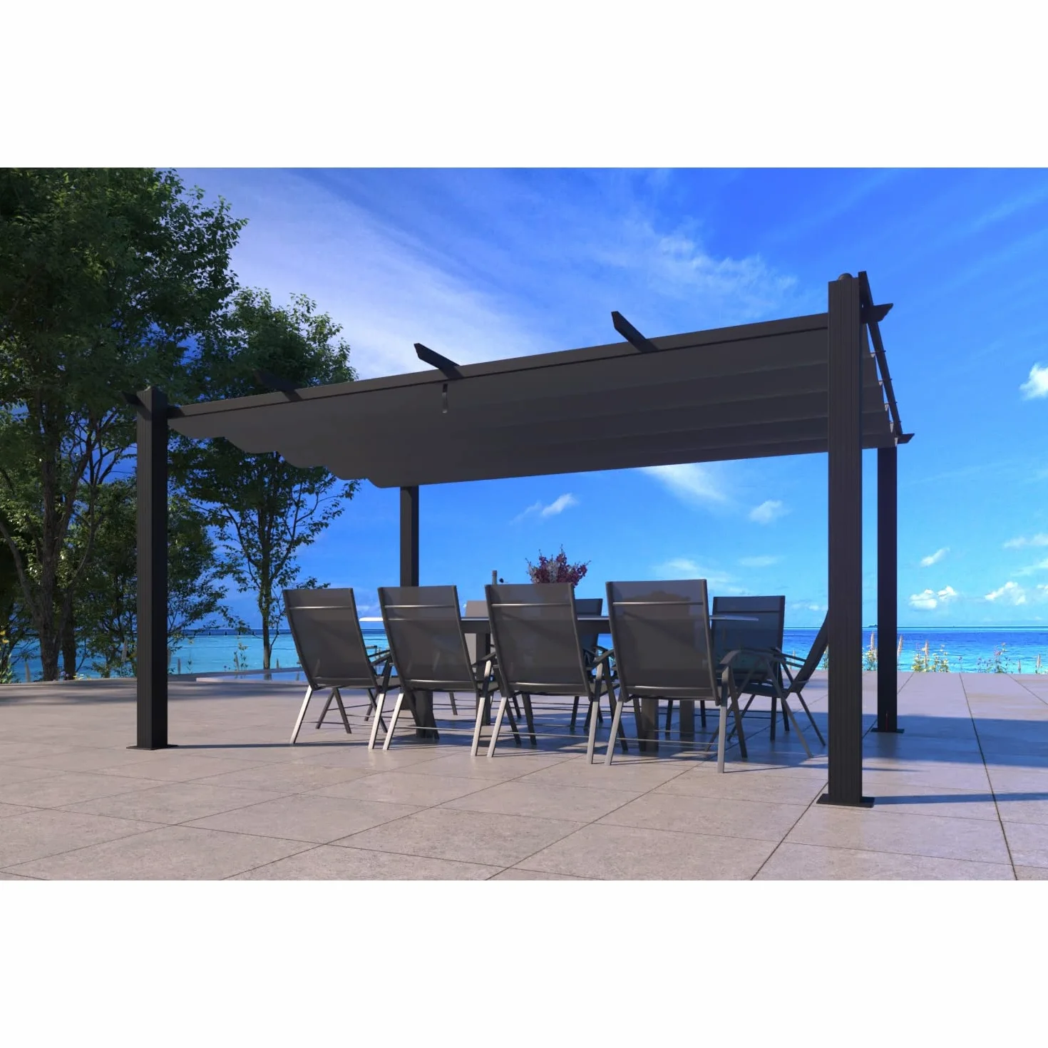 Pérgola Autoportante 4x3 m 12m² Aluminio Poliéster Nila Gris Retráctil Cenador Jardín Terraza Exterior