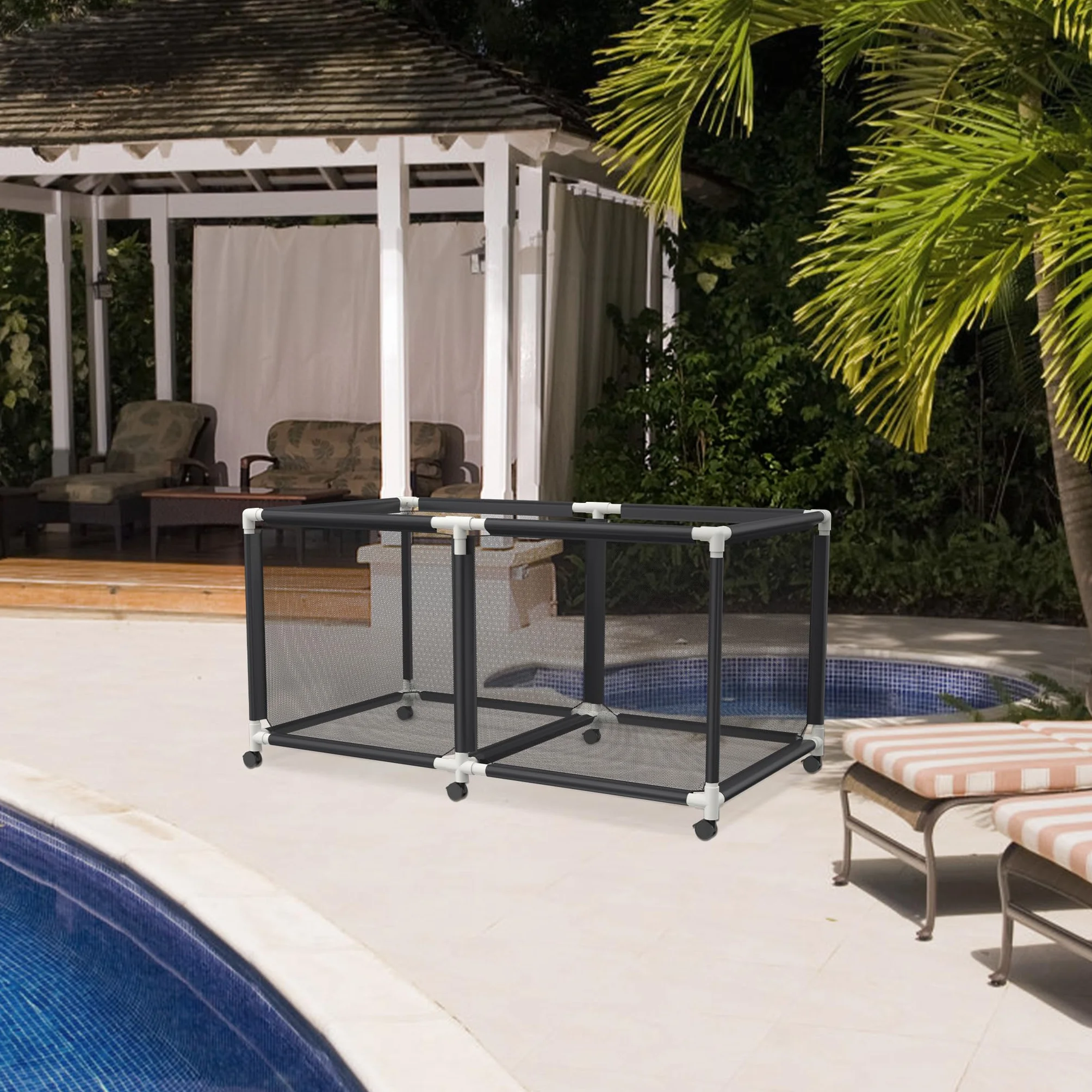 Caja de almacenamiento de piscina con ruedas 160 x 79 x 88 cm contenedor gran capacidad