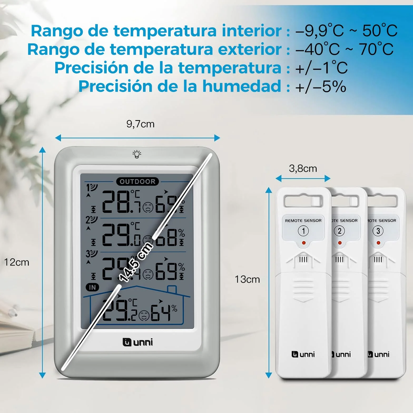 Termómetro inalámbrico con 3 sensores, pantalla 4.5 pulgadas, alcance 100 m, retroiluminación ajustable