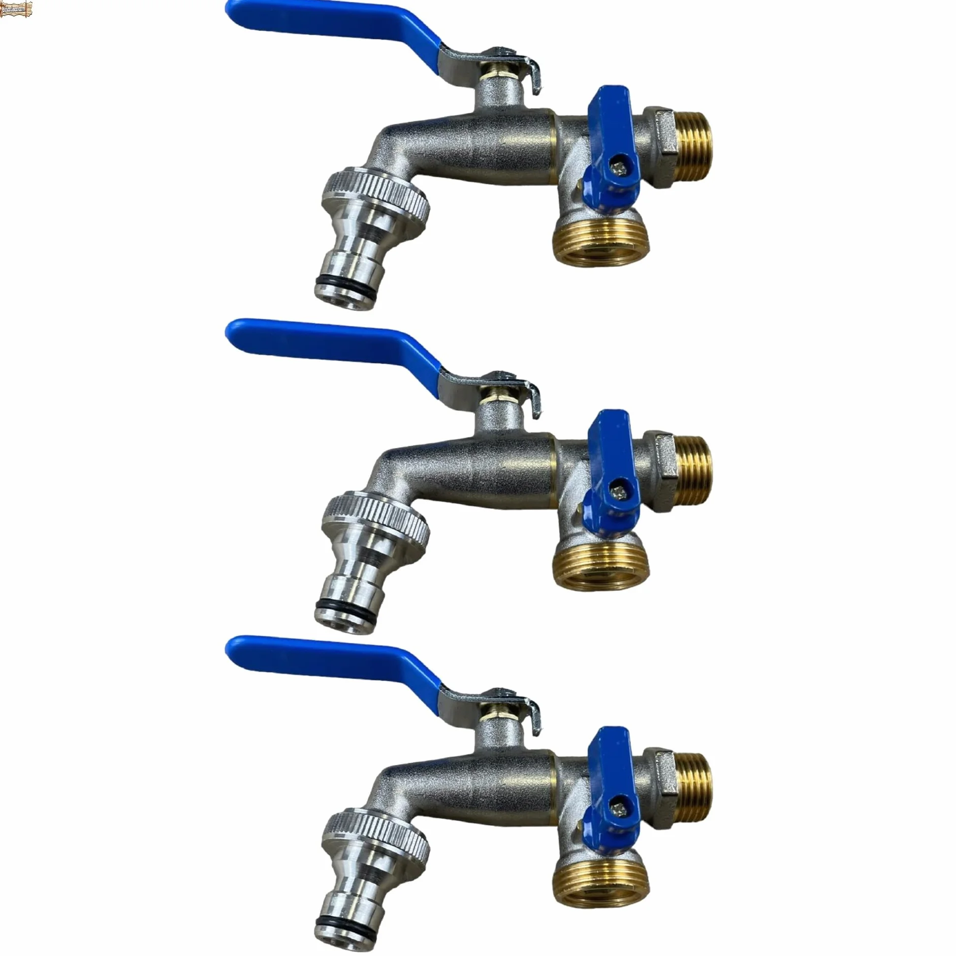 BricoLoco.com Grifo exterior doble salida con adaptador manguera. De pared. Pack 3 uds. Jardín o terraza. Dos salidas para conectar manguera, lavadora, programador riego... 1/2" x 3/4” x 3/4” (3)