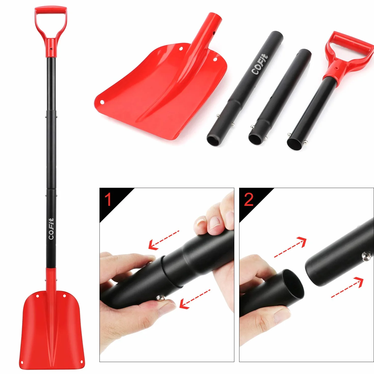 COFIT 120cm Pala Nieve Coche con Mango, Picas Jardineria Portátil para Hielo, Arena, Barro Herramienta Remoción Rojo
