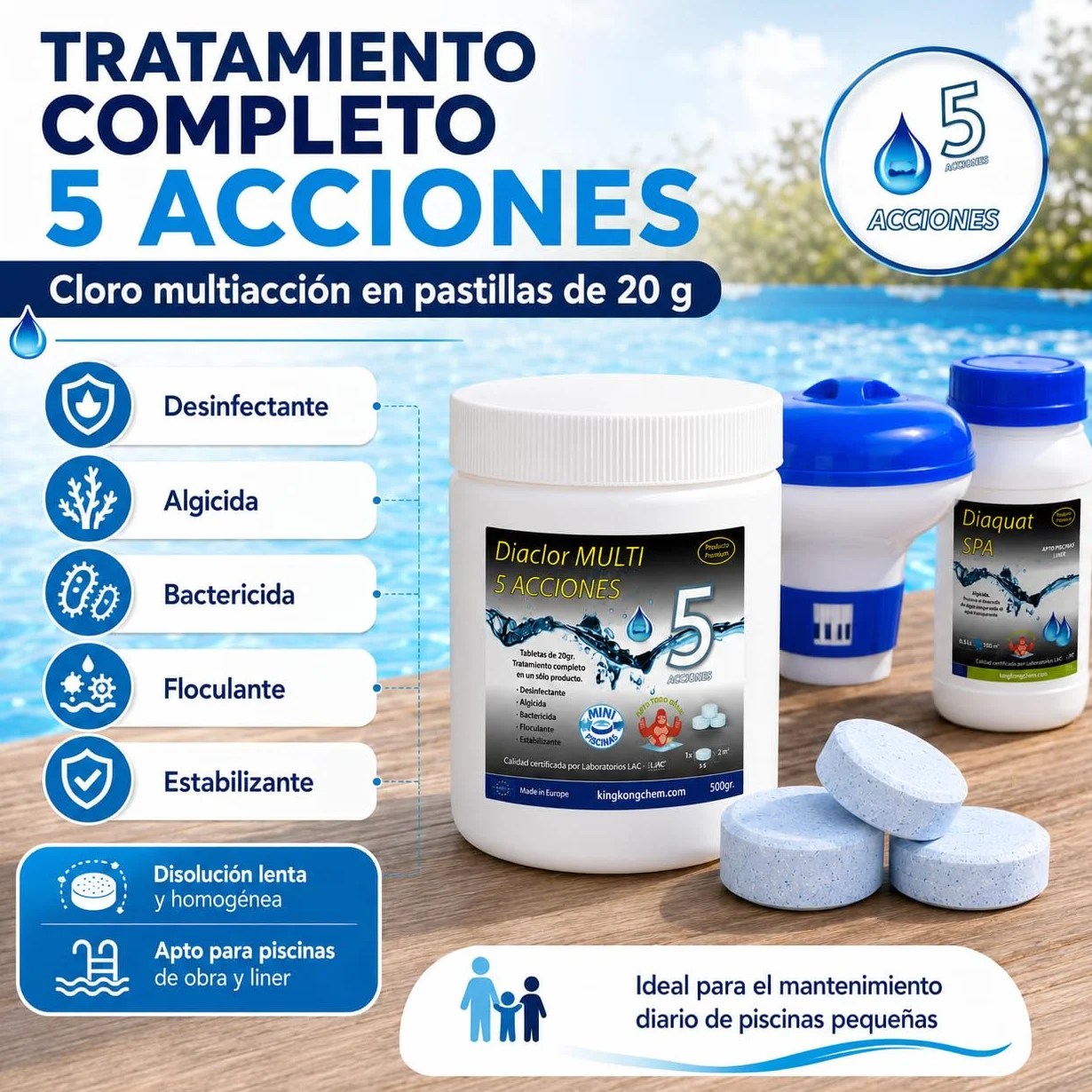 DIACLOR Kit Cloro Piscinas Pequeñas Multi 5 ACCIONES 500 GR Pastillas 20 GR SIN Cobre Antialgas DIAQUAT SPA 500 ML DOSIFICADOR