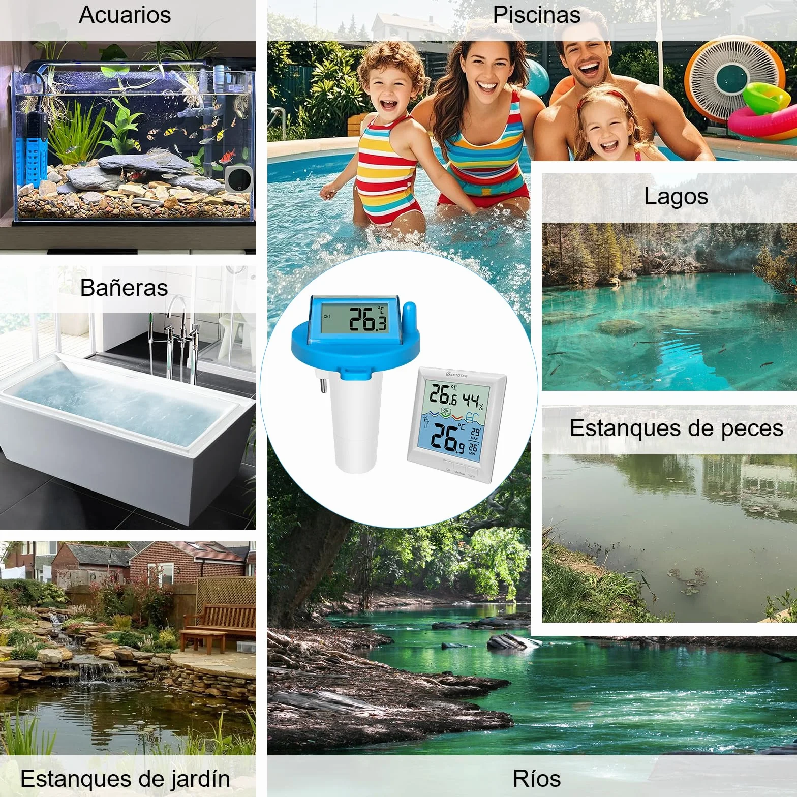 KETOTEK Termómetro inalámbrico para piscina IPX8, medidor digital de temperatura del agua flotante