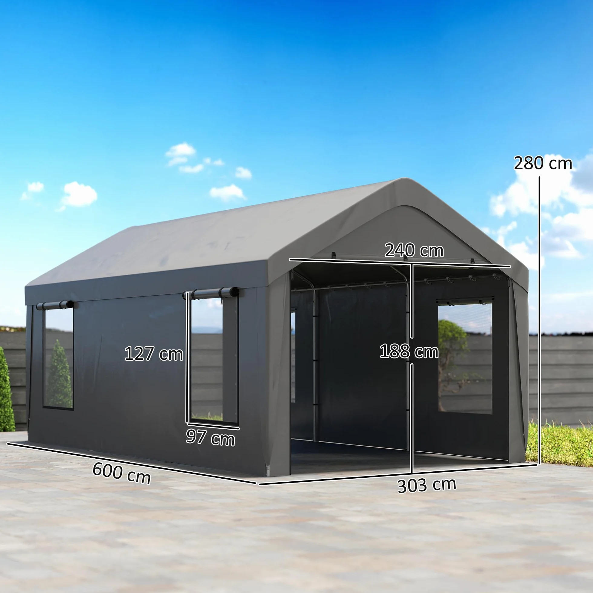 Outsunny Carport Cobertizo para coche 3x6 m 2 puertas enrollables 4 ventanas gris oscuro