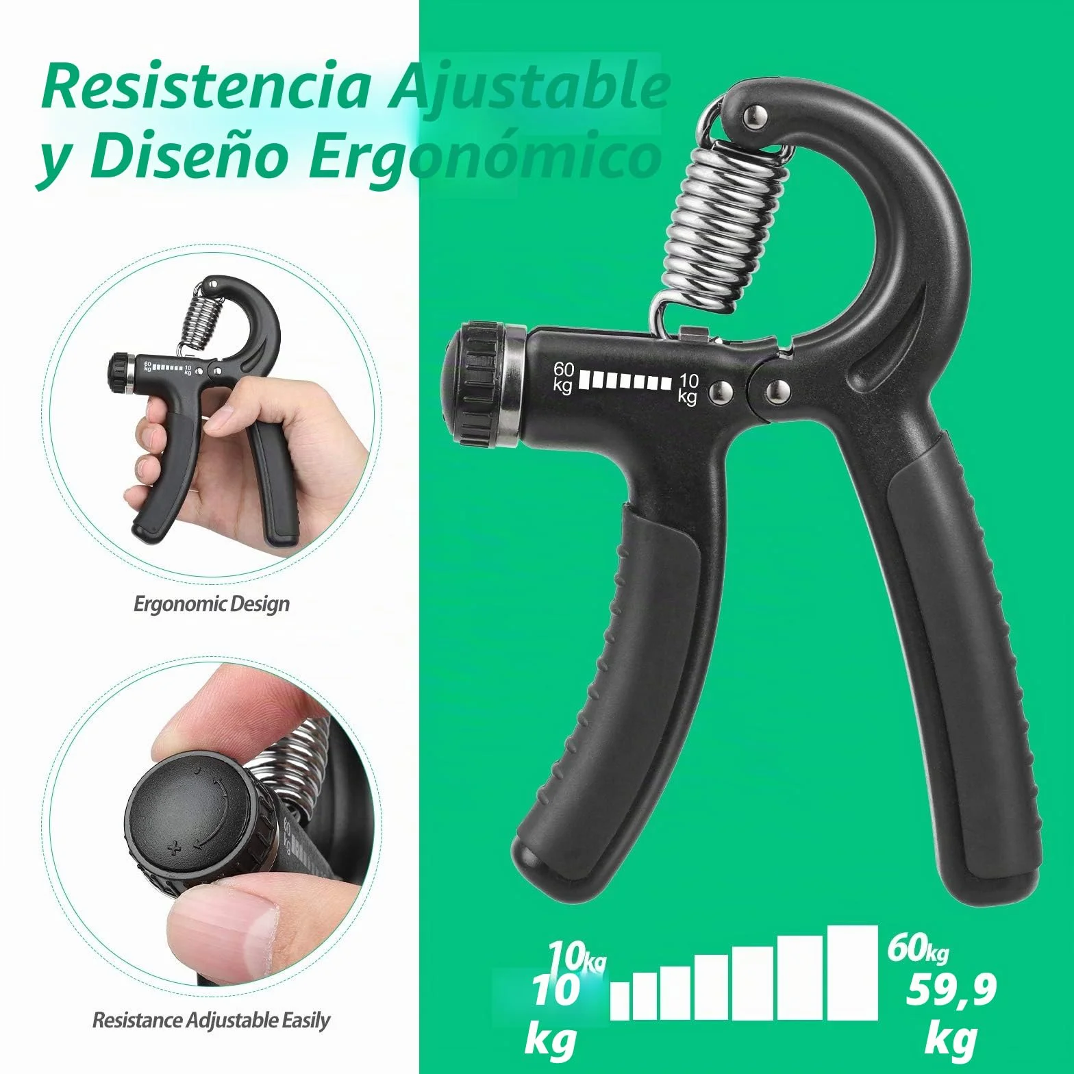 NIYIKOW Hand Grip Fortalecedor de Agarre Ajustable 10-60kg Antideslizante para Músicos Atletas