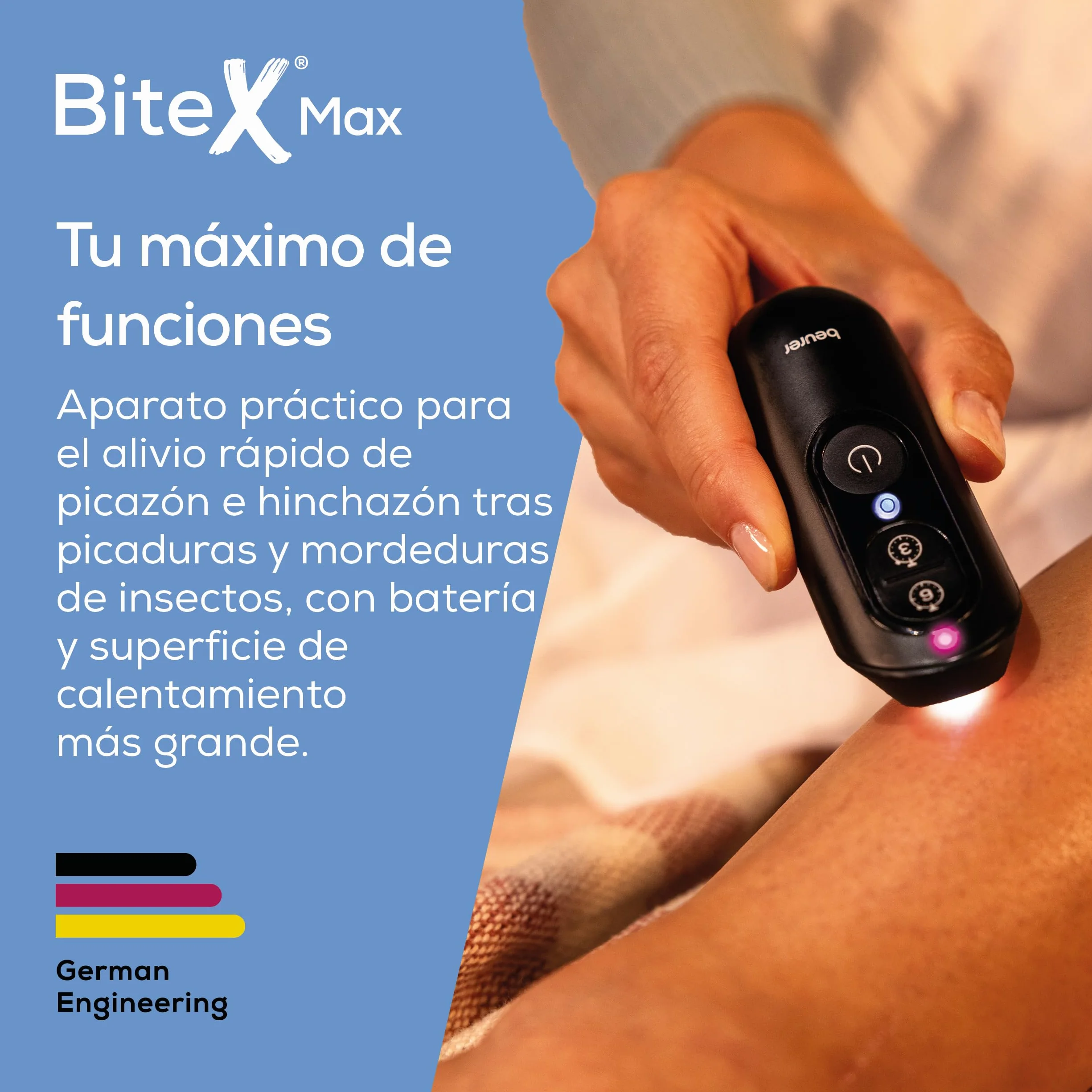 Beurer BiteX Max Deep Black Aparato contra picaduras de insectos con superficie de calentamiento, batería recargable