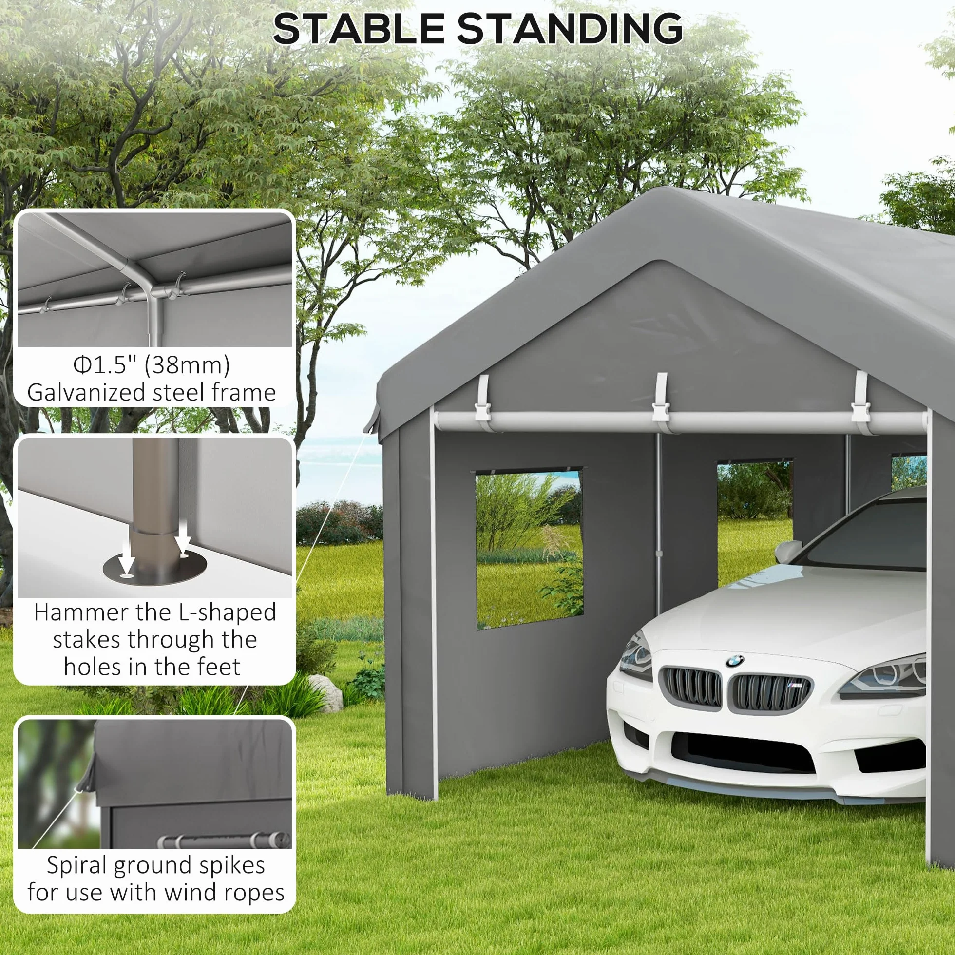 Outsunny Tente cochera Garaje 6L x 2,95l x 2,78H m Acero galvanizado PE Alta Densidad 160 g/m² Impermeable Anti-UV 2 Puertas enrollables 6 Ventanas