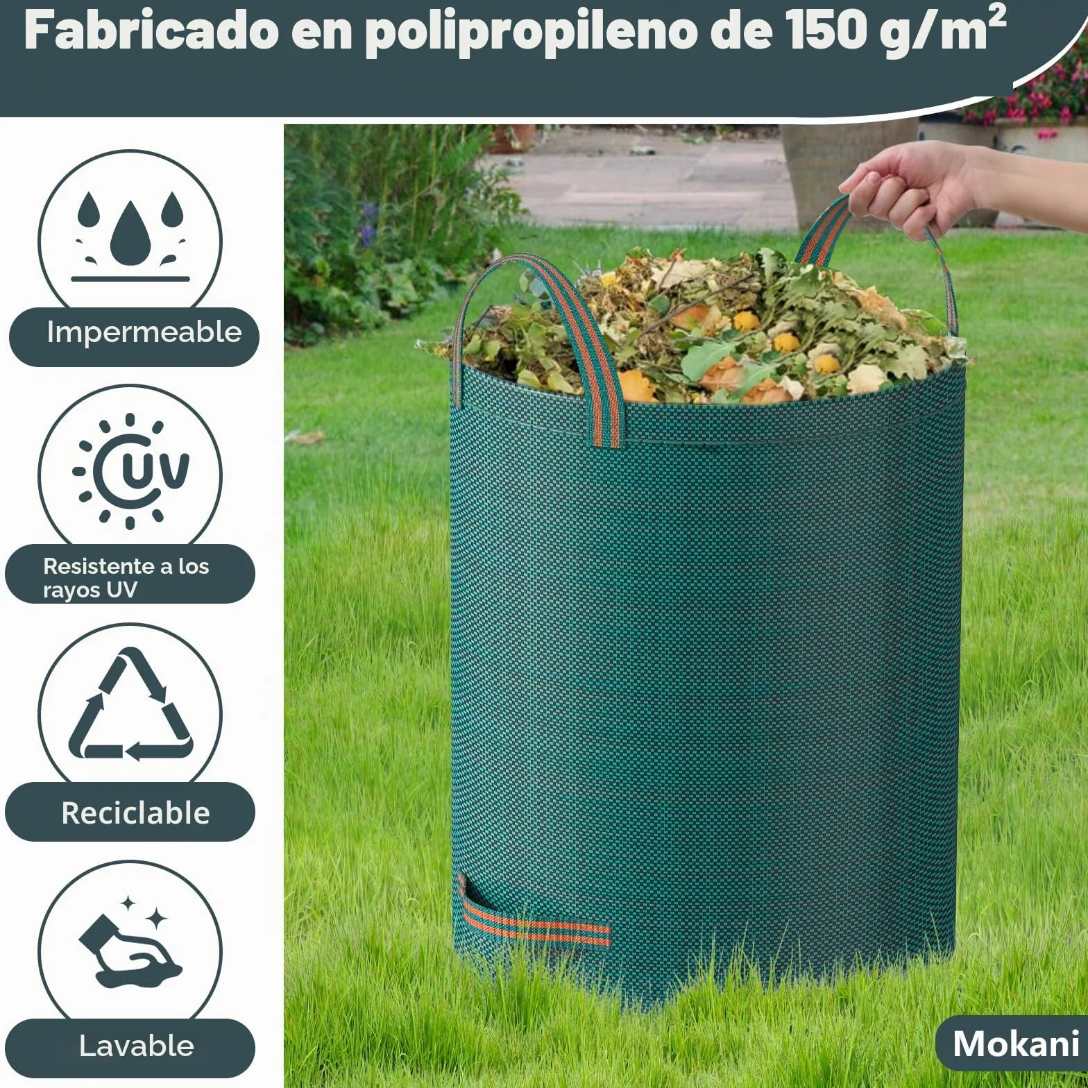 Mokani Bolsas de basura de jardín 300 L x 3 resistentes con asas reutilizables plegables