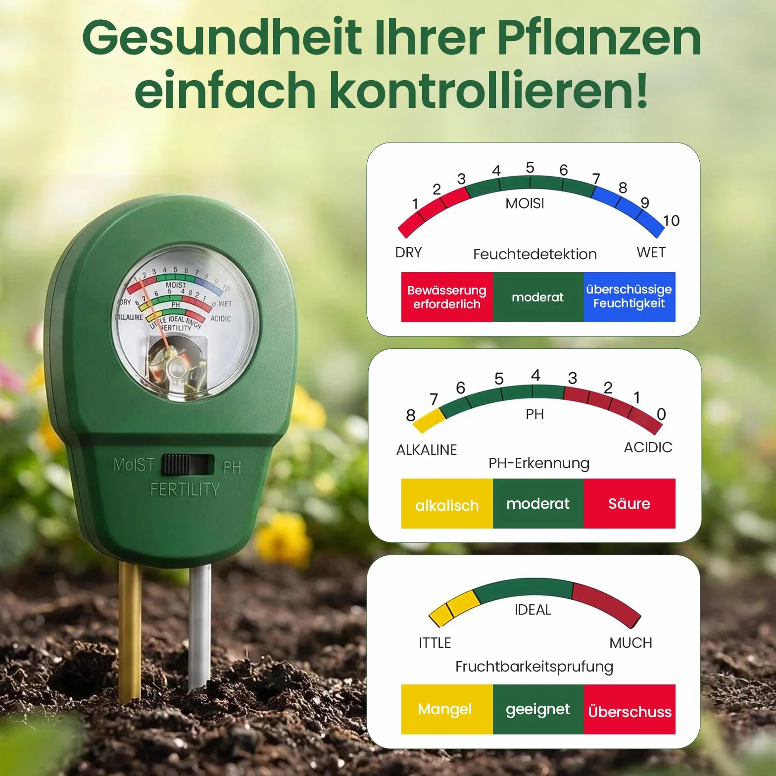 Medidor Humedad Plantas 3 en 1 Medidor Ph Tierra Jardineria Suelo para Maceta Grandes