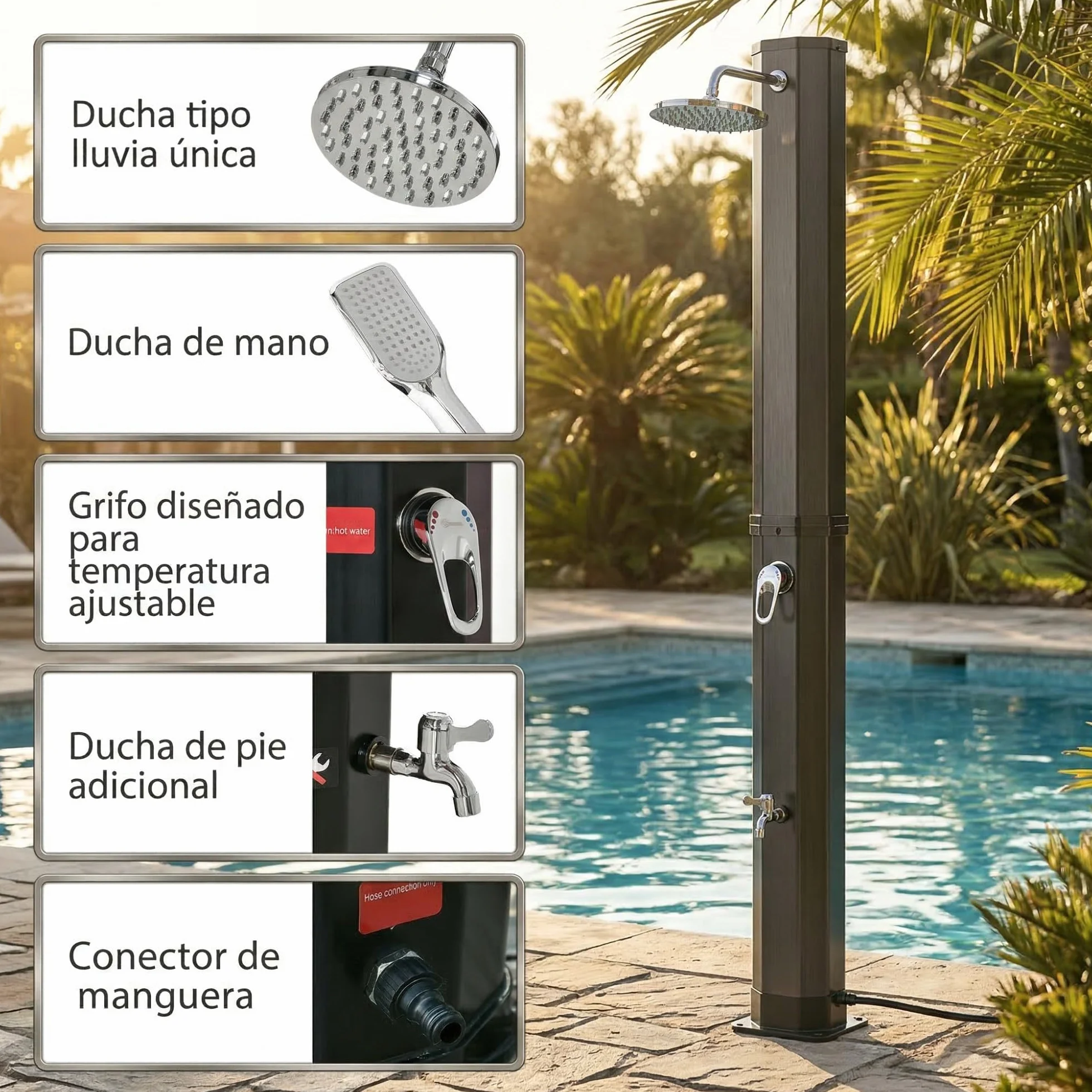 Outsunny Ducha Solar Exterior 35L 2 Cabezales Grifo Agua Caliente 0-55℃ Jardín Piscina 17,5x14,5x216 cm Negro