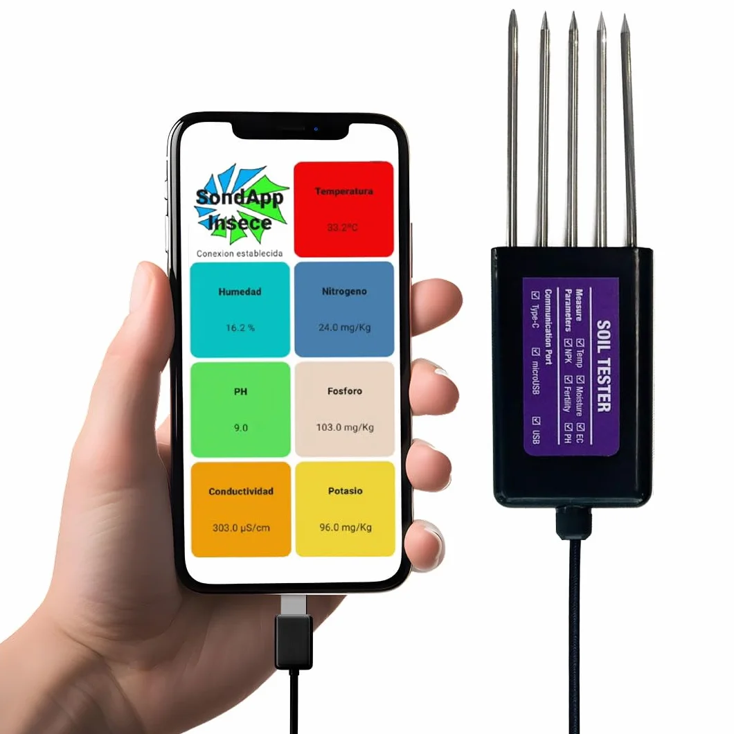 Sensor de Suelo Agrícola, Medición Temperatura/Humedad/Conductividad/Acidez/Nitrógeno/Fósforo/Potasio Tiempo Real