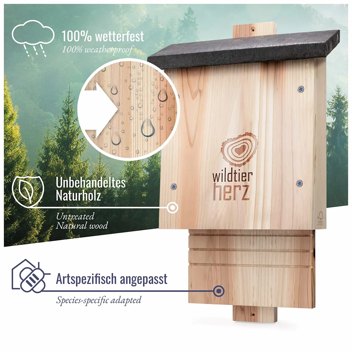 wildtier herz I Gran Caja para murciélagos de Madera Maciza I Casa para murciélagos Resistente a la Intemperie como cuartel de Verano e Invierno I Caja Nido para murciélagos, Caja para murciélagos