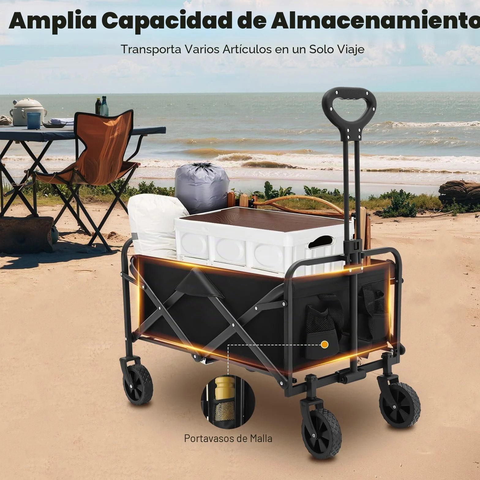 Carro plegable de hasta 80 kg – Carro de transporte con 2 soportes para copas para playa, jardín, camping y compras (ligero y resistente, negro)