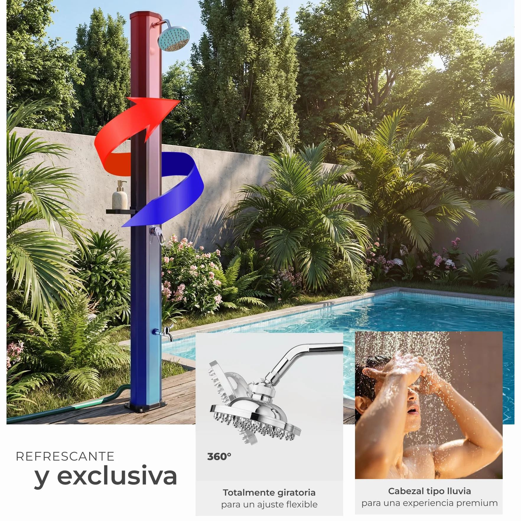Tectake Ducha Solar Exterior 35L Negro/Plata Resistente Intemperie Alcachofa 360°