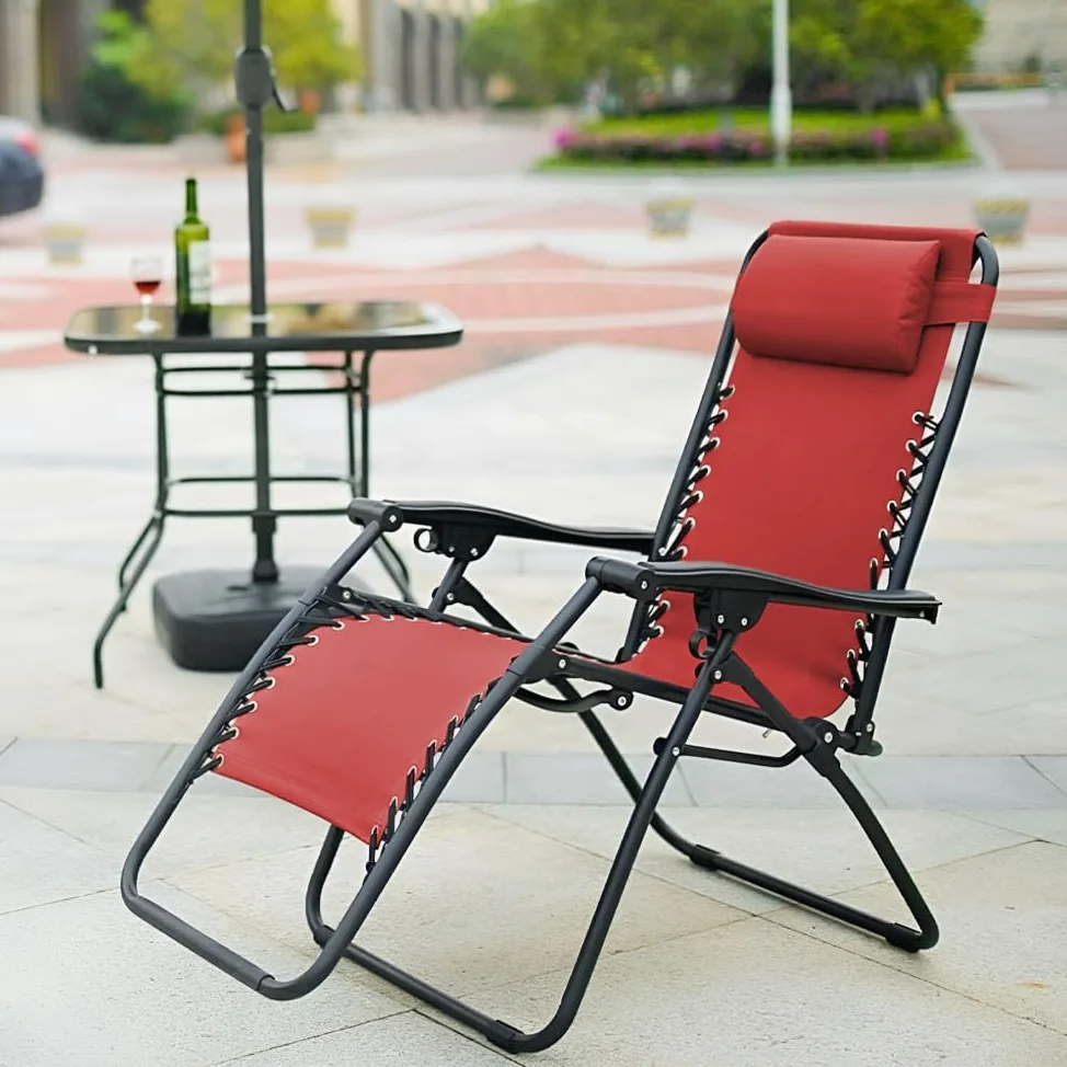 Hamaca Silla Plegable Tumbona Reclinable Gravedad Cero para Exterior, Playa, Piscina, Camping, con Reposa Cabeza (Rojo)