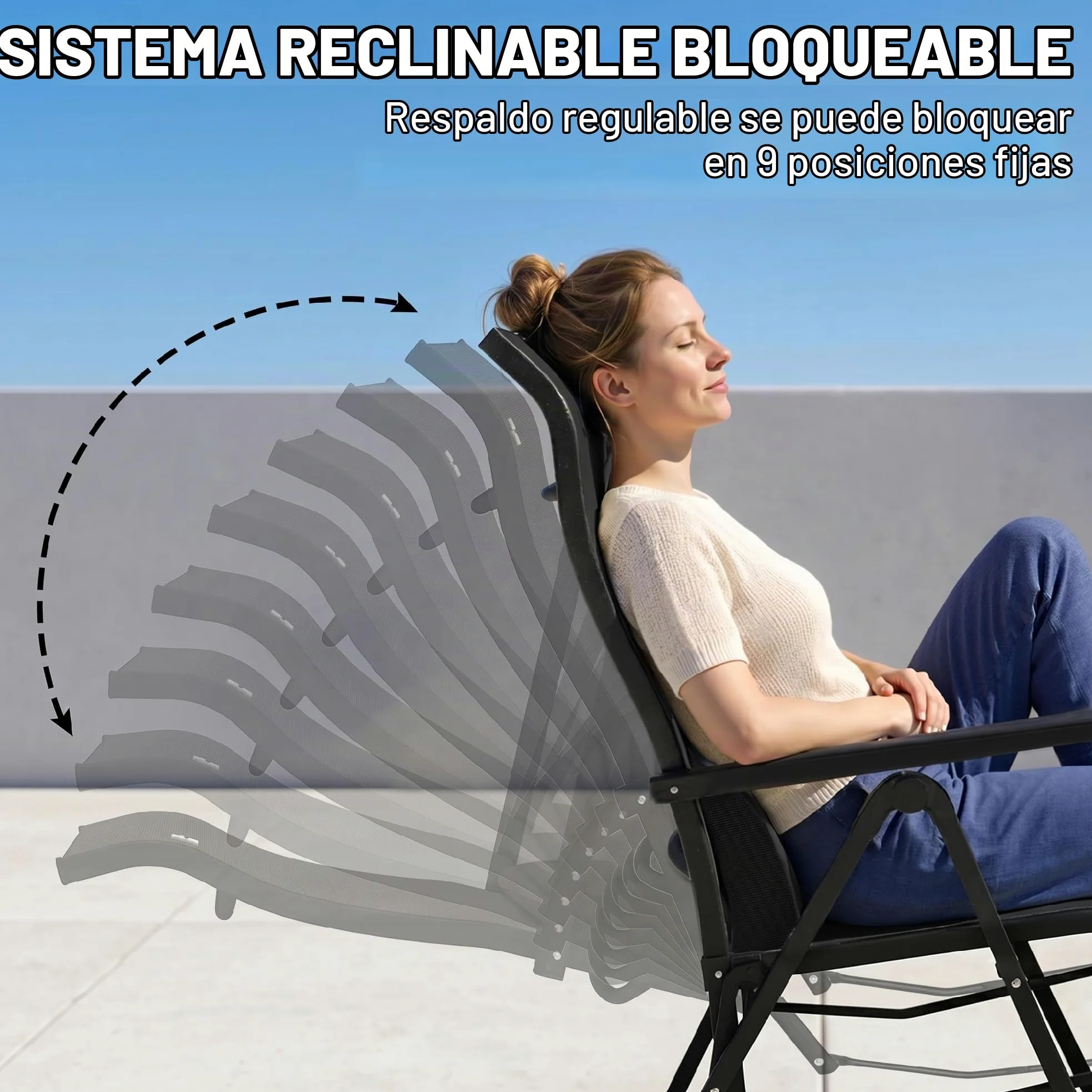 Outsunny Silla Reclinable Plegable de Jardín 9 Posiciones 150 kg Negro | Respaldo Ajustable, Cojín Lumbar, Estructura de Acero y Textilene Transpirable