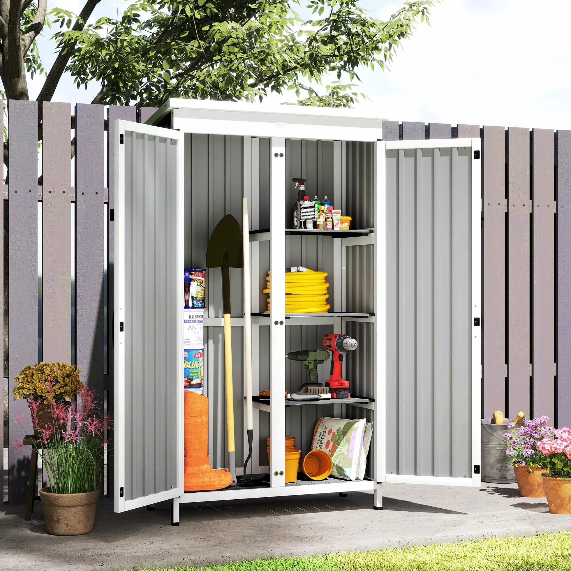 Outsunny Caseta de Jardín Madera Acero 94x43x166 cm Cobertizo Exterior Armario Herramientas 2 Puertas Estantes Ajustables Techo Impermeable Negro