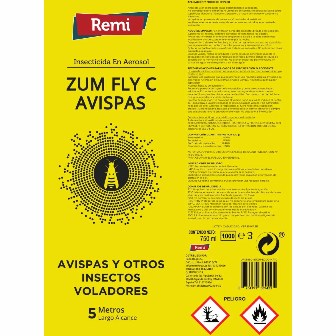 Remi Hogar Spray Insecticida Avispas 750 ml Aerosol 5 metros Largo alcance