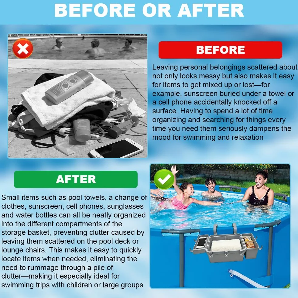 Juego de cesta de almacenamiento para piscina con soporte para bebidas y ganchos