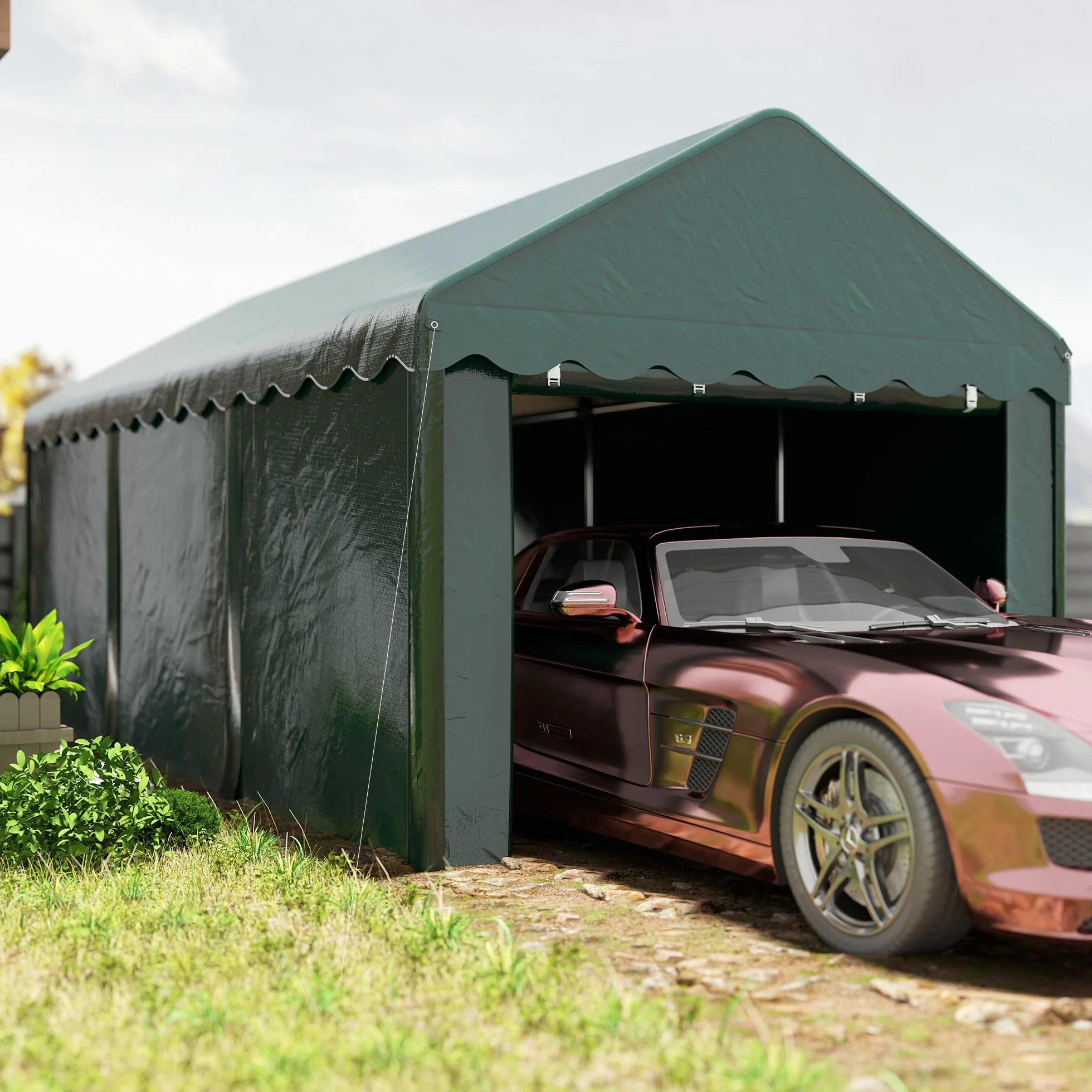 Outsunny Carpa Garaje 3x6 m Cubierta Coche Exterior 2 Puertas Rollables Tela PE 200 g Protección UV Impermeable