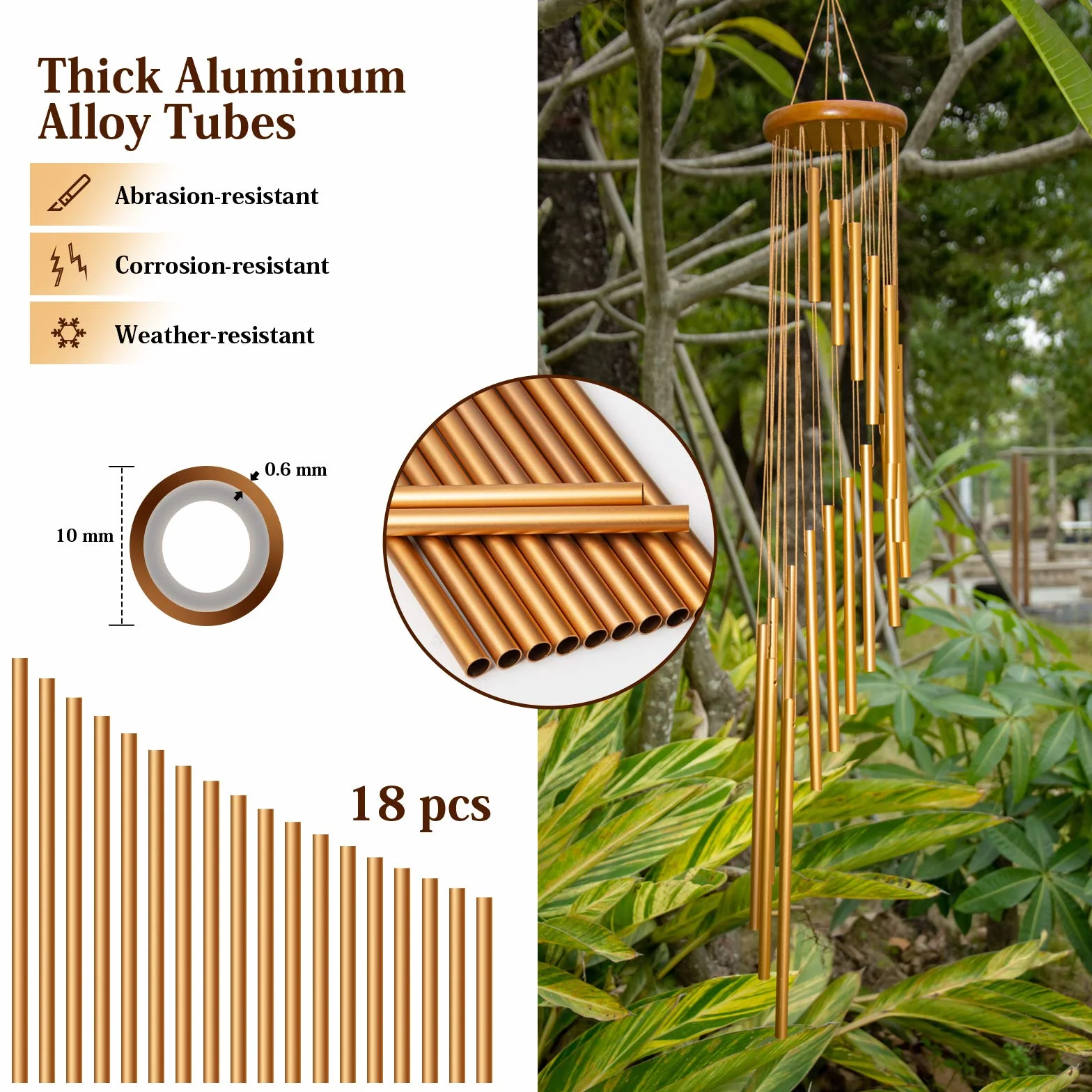 Carillón de Viento 90cm 18 Tubos Aleación de Aluminio 36" Exterior para Jardín