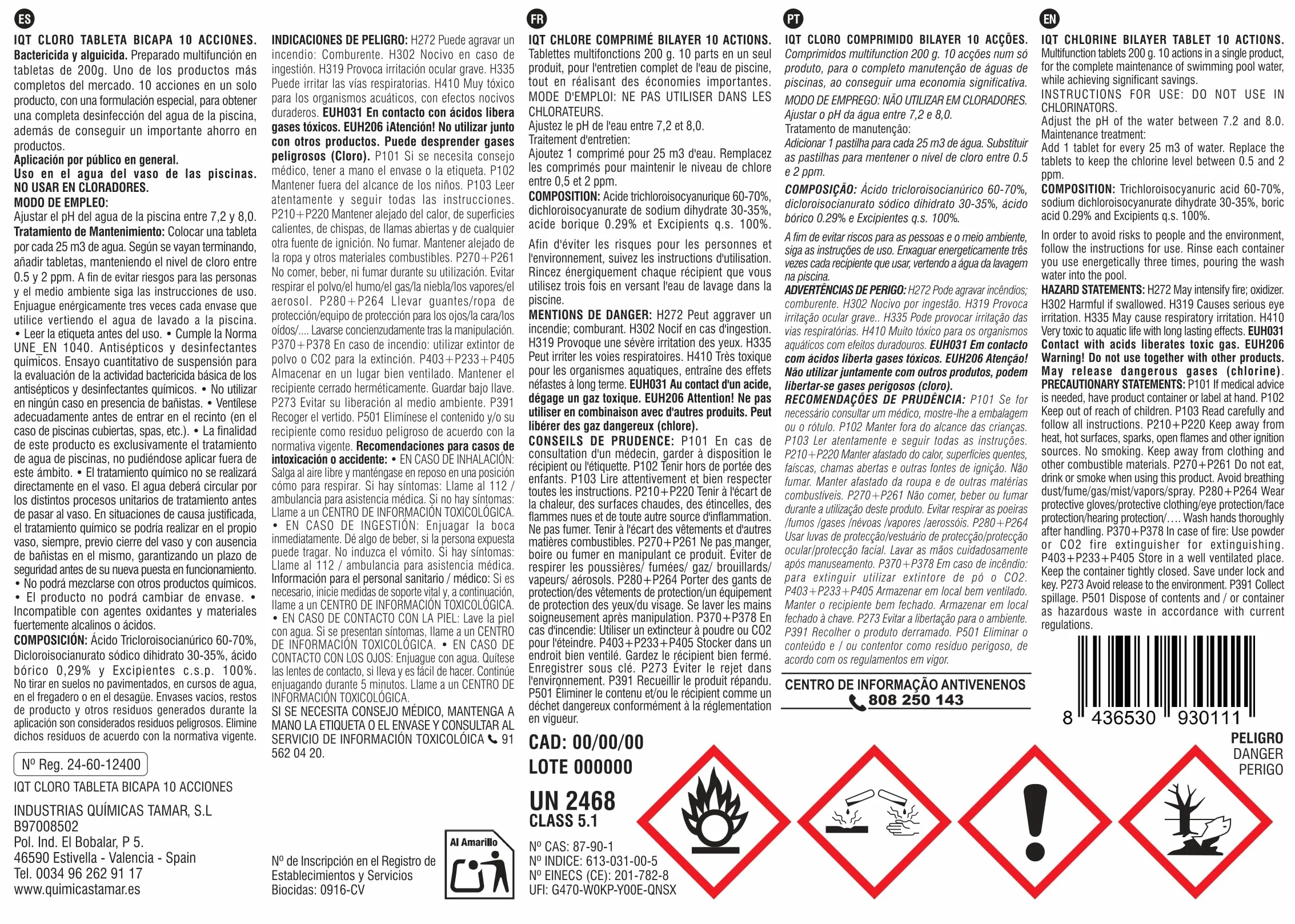 Tamar Cloro 10 Acciones Bicapa, Tabletas Multifuncion 200 grs Biocida para Piscinas, Tratamiento Completo 5 Kilos