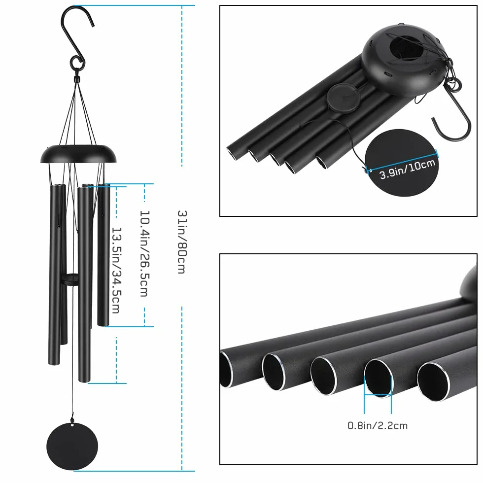 Victop Campanas de Viento 80cm 5 Tubos Aluminio Huecos Exterior Negro
