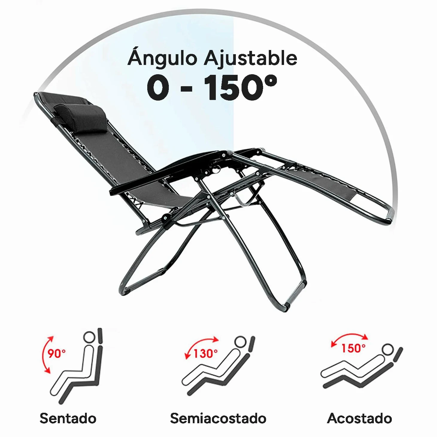 Tumbona Plegable con Reposacabezas y Reposabrazos, Reclinable, Gravedad Cero, Acero Ligero y Resistente, Ideal para Jardín, Playa, Piscina y Terraza, 1 Unidad, Negro