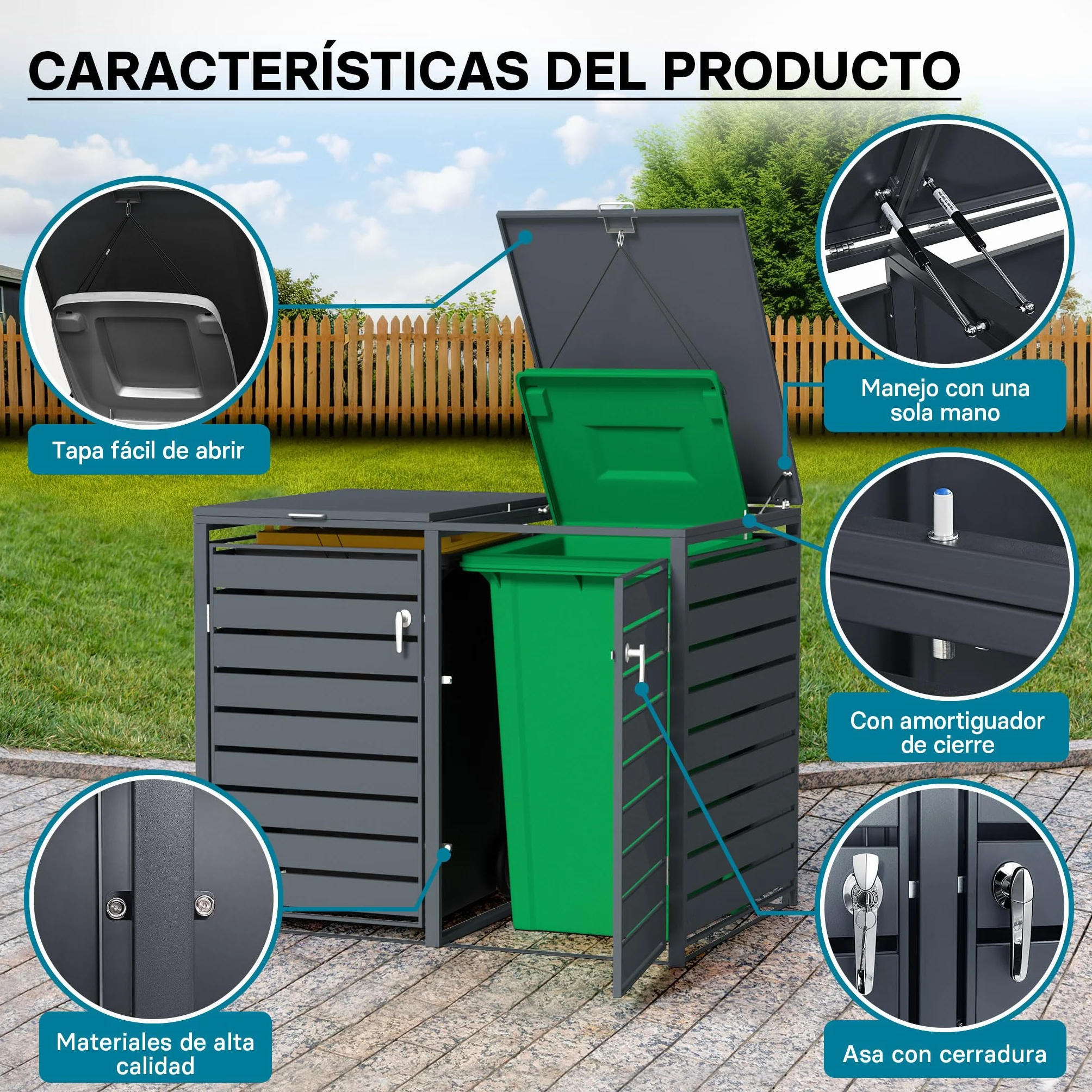 Wiltec Cobertizo para 2 contenedores de Basura Antracita Exterior Almacenamiento Tapa abatible