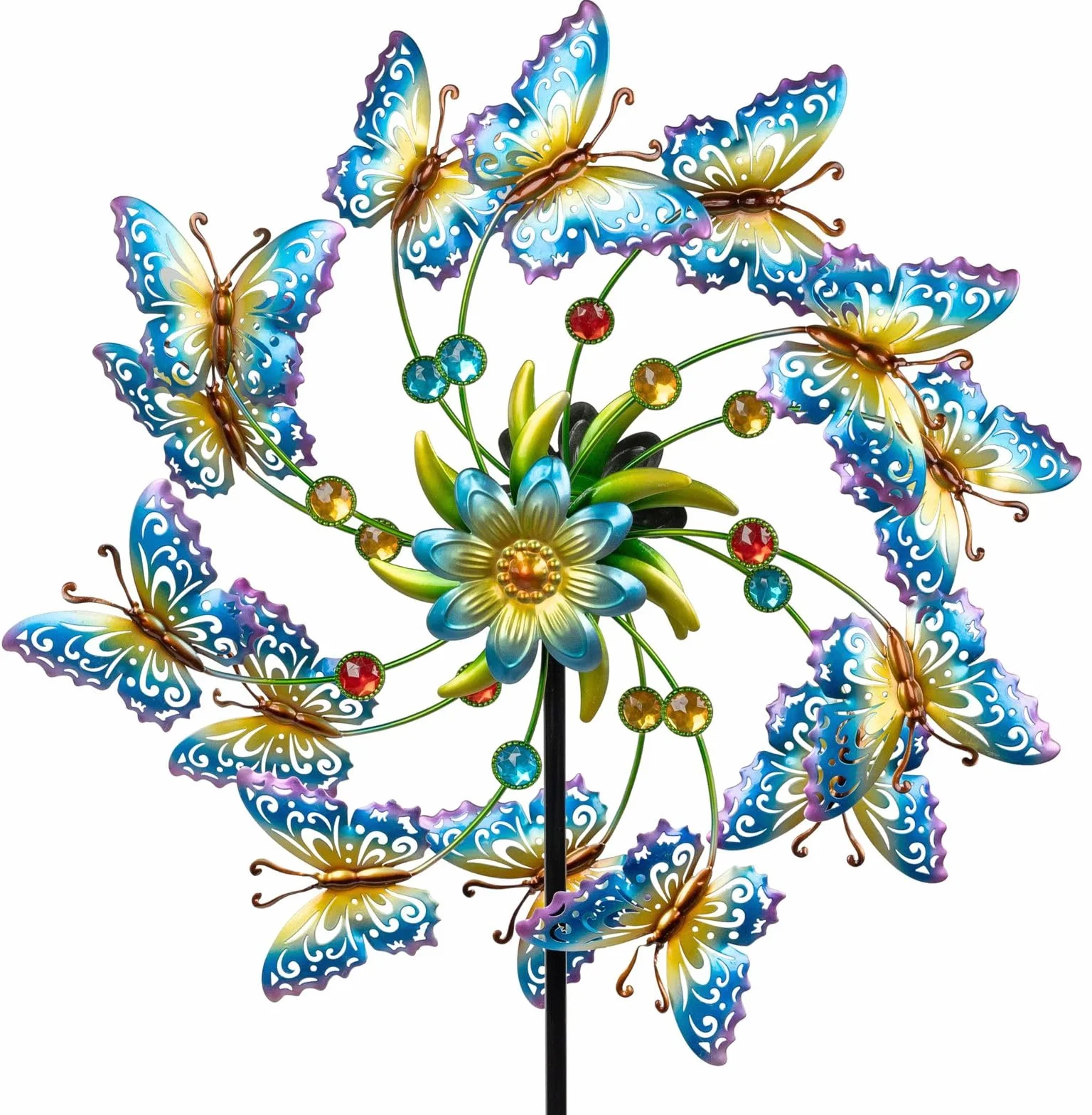 formano Molinillo de viento, mariposas, jardín, metal, multicolor, rodamiento de bolas, carillón de viento, diámetro de 47 cm/131 cm, con piedras acrílicas y estaca para suelo, decoración de jardín