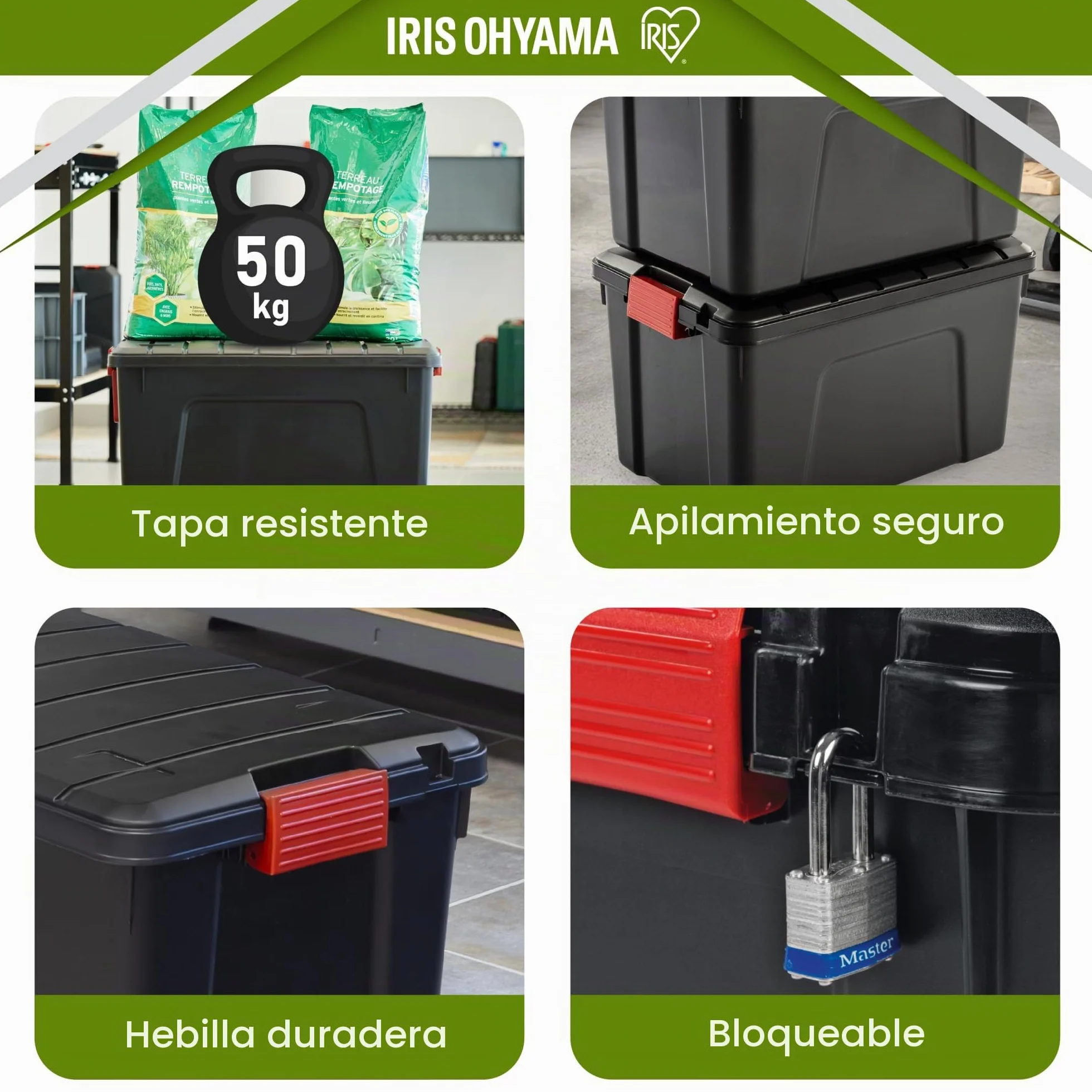 Iris Ohyama Caja de almacenamiento de plástico 60 L SIA-60 Apilable Negro Lote de 3