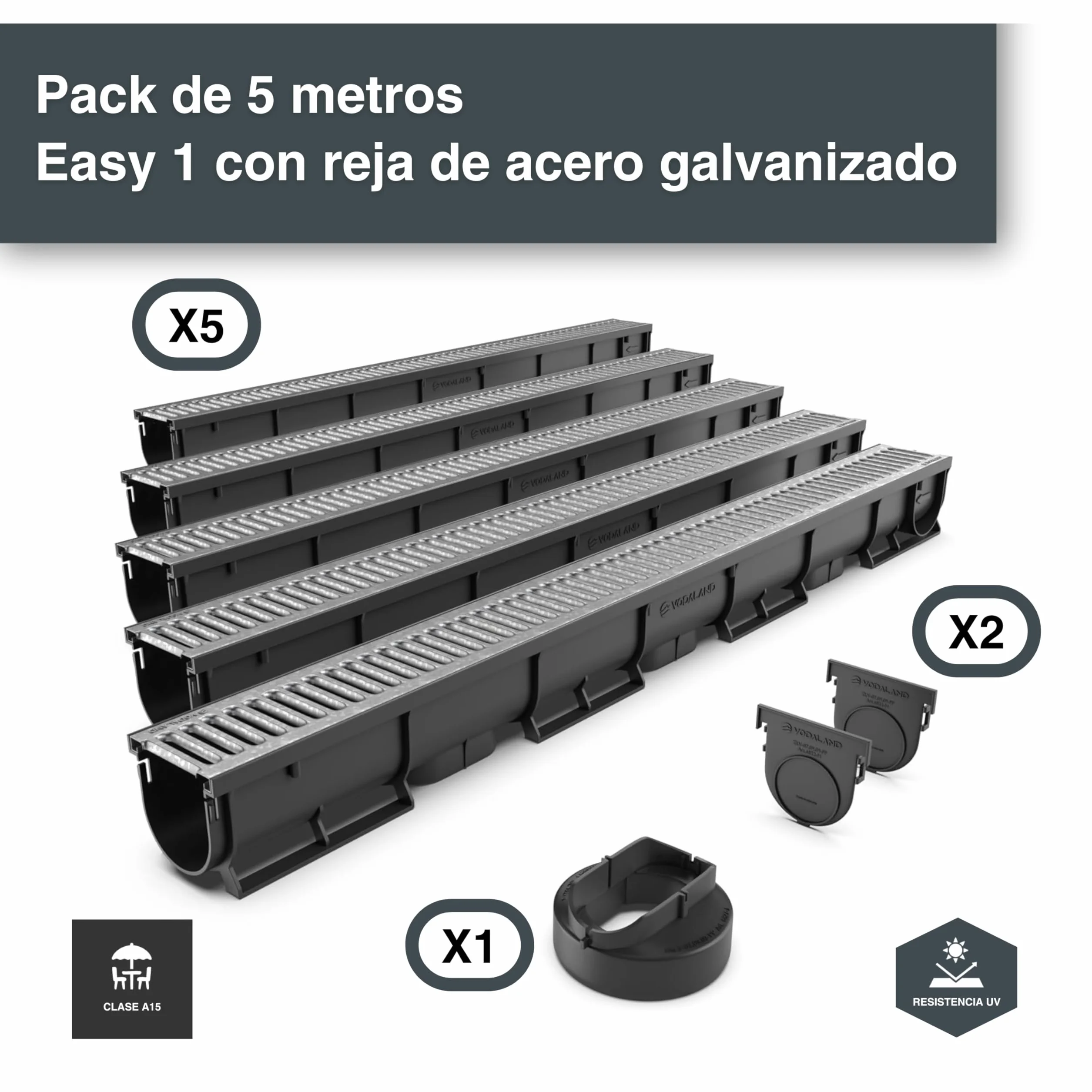 VODALAND Canaleta de Drenaje Easy 1 Rejilla de Acero Galvanizado Kit 5 Metros Drenaje Jardines Terrazas Exteriores