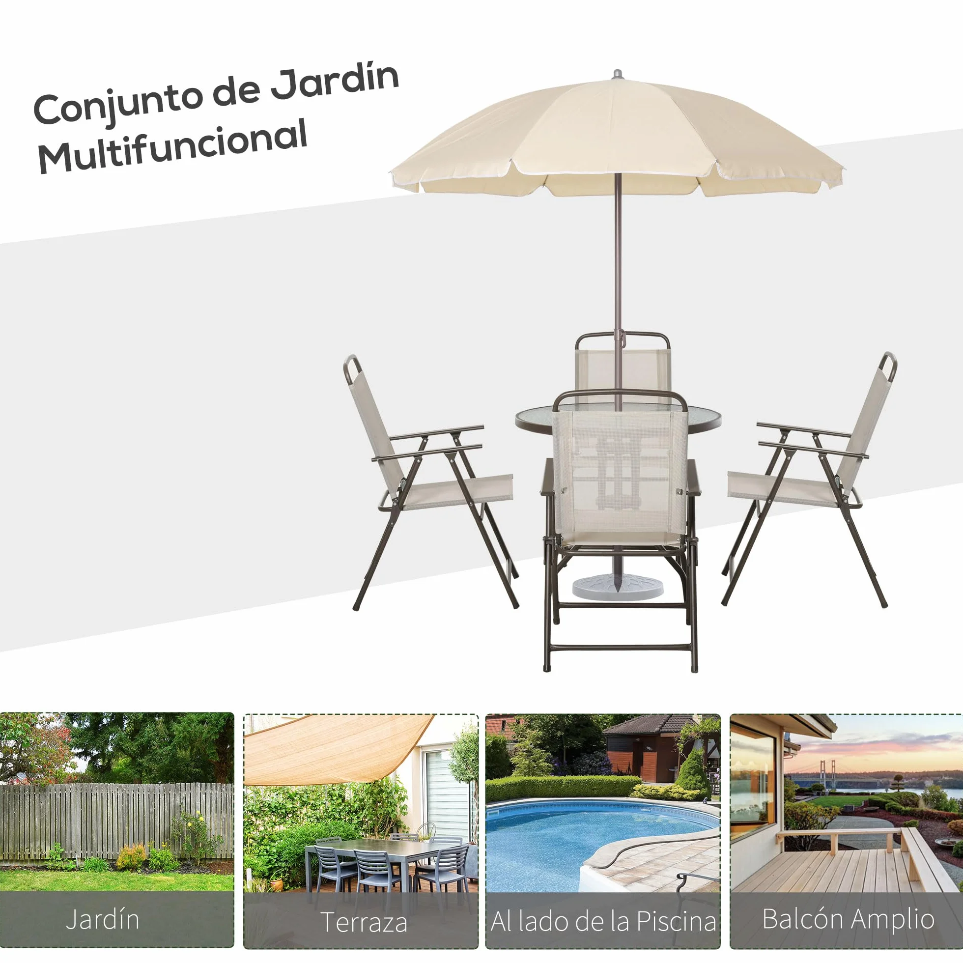 Outsunny Conjunto de Muebles para Jardín con 4 Sillas 1 Mesa y 1 Parasol Texteline Aluminio y Poliéster Beige