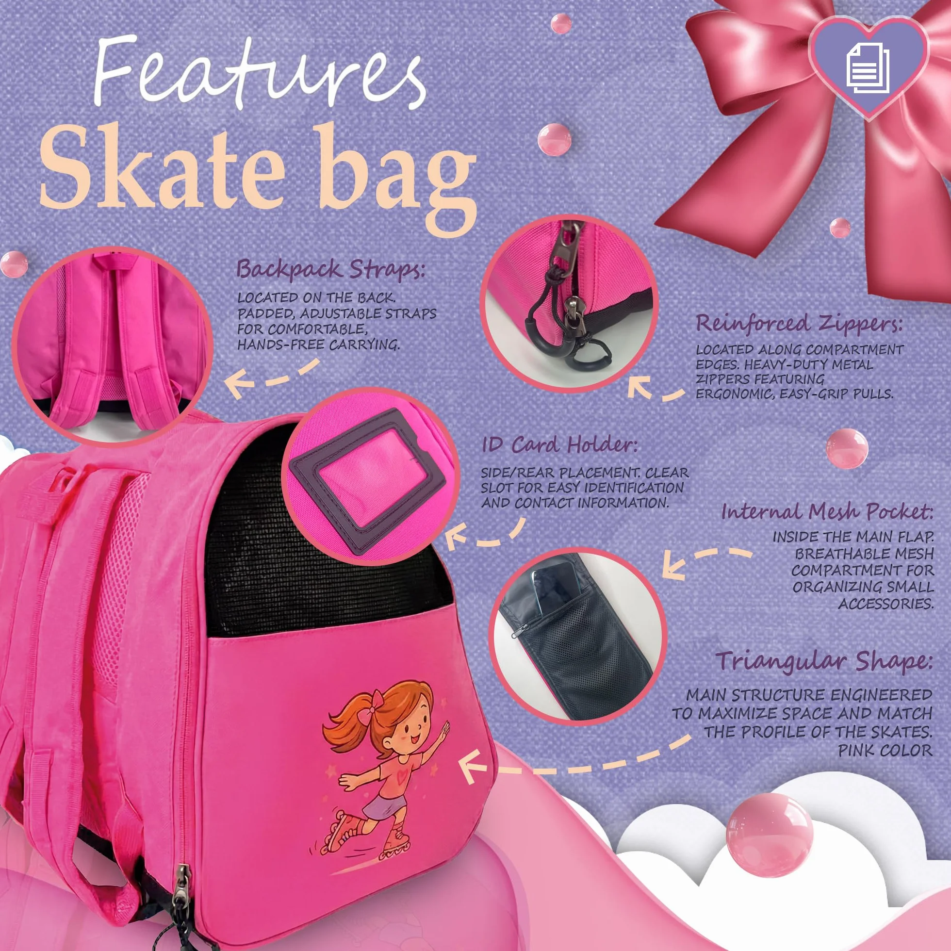 Bolsa para Patines para Niños Rosa Correa Ajustable Acolchada Mochila Patines Capacidad Accesorios Material Resistente Ligero