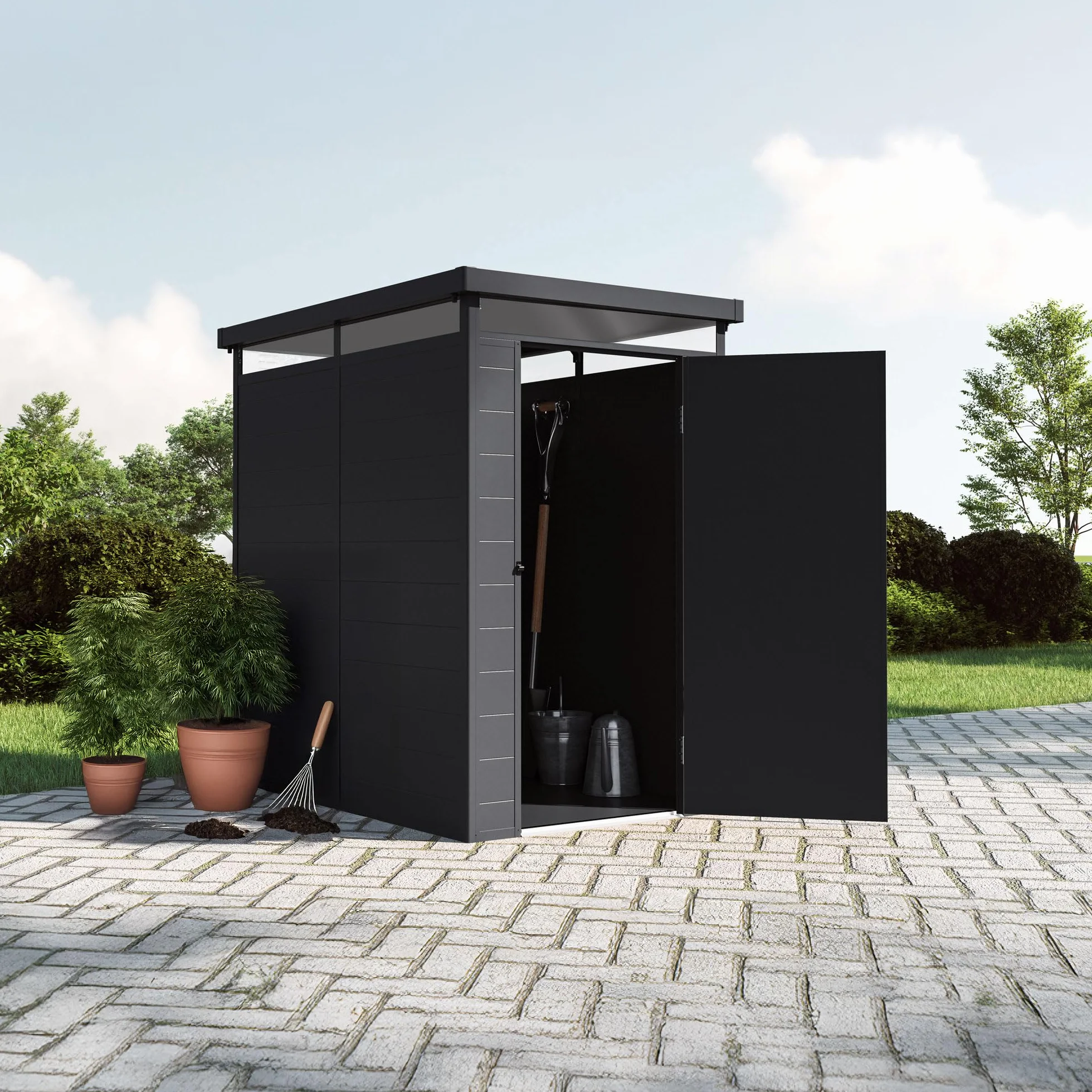 Caseta de Resina Jardín Terra 2,47m2 131x190x196cm Gris Antracita Impermeable Protección UV Estructura Reforzada Aluminio PVC Tragaluz 360º