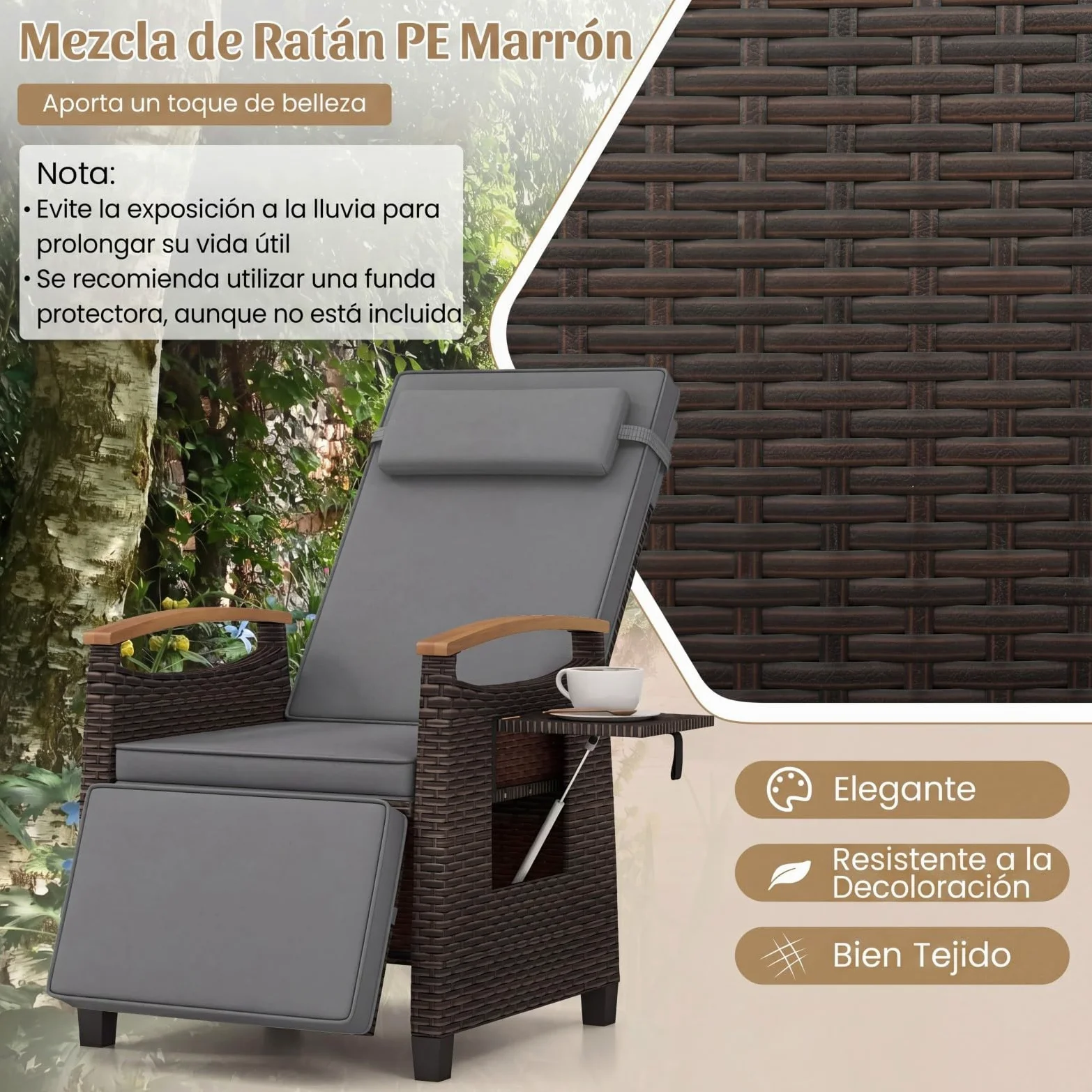 COSTWAY Silla Reclinable Jardin, Tumbona de Ratán con Respaldo y Reposapiés Ajustables, Mesita Abatible, Reposacabezas Extraíble y Reposabrazos de Madera, Sillón Terraza Exterior para Patio (1,Gris)