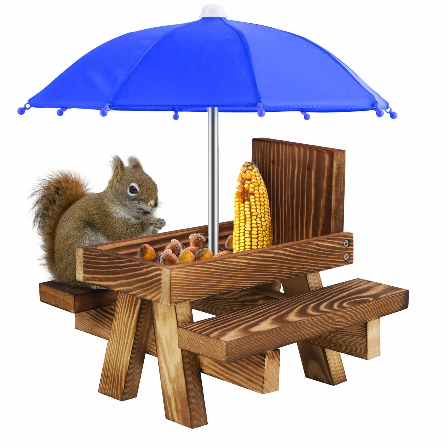 Comedero para ardillas mesa de picnic de madera con sombrilla y estante para maíz jardín patio