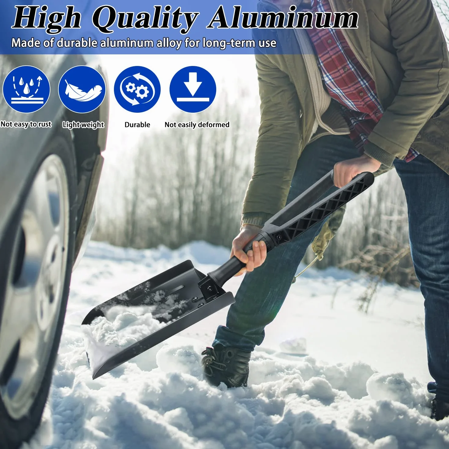 Pala de Nieve Plegable Invierno con Bolsa de Transporte, Mango Ajustable para Jardín Coche Camping