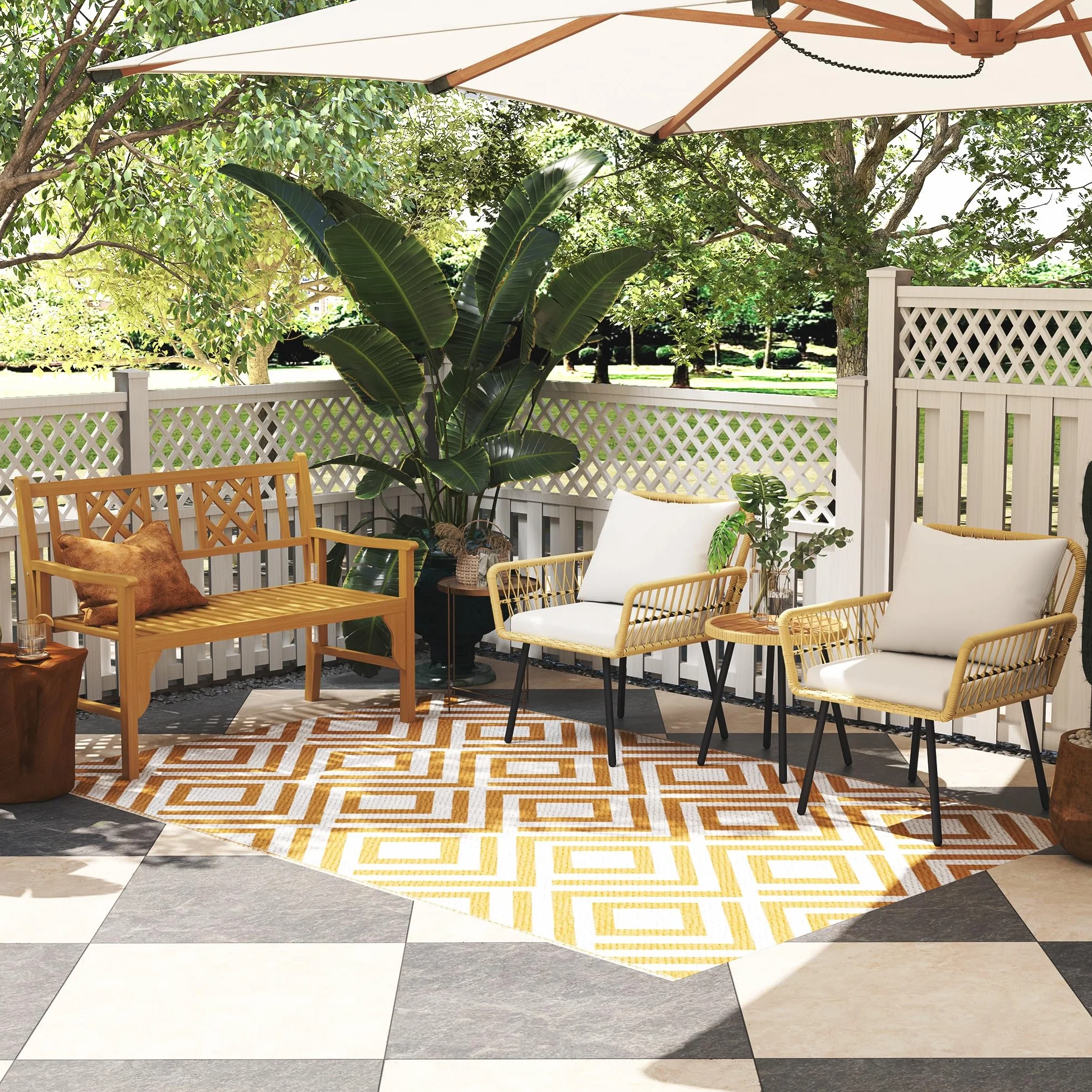 Outsunny Alfombra Exterior 182x274 cm Reversible Patrón Geométrico Rombos Impermeable Terraza Balcón Patio Rojo Blanco