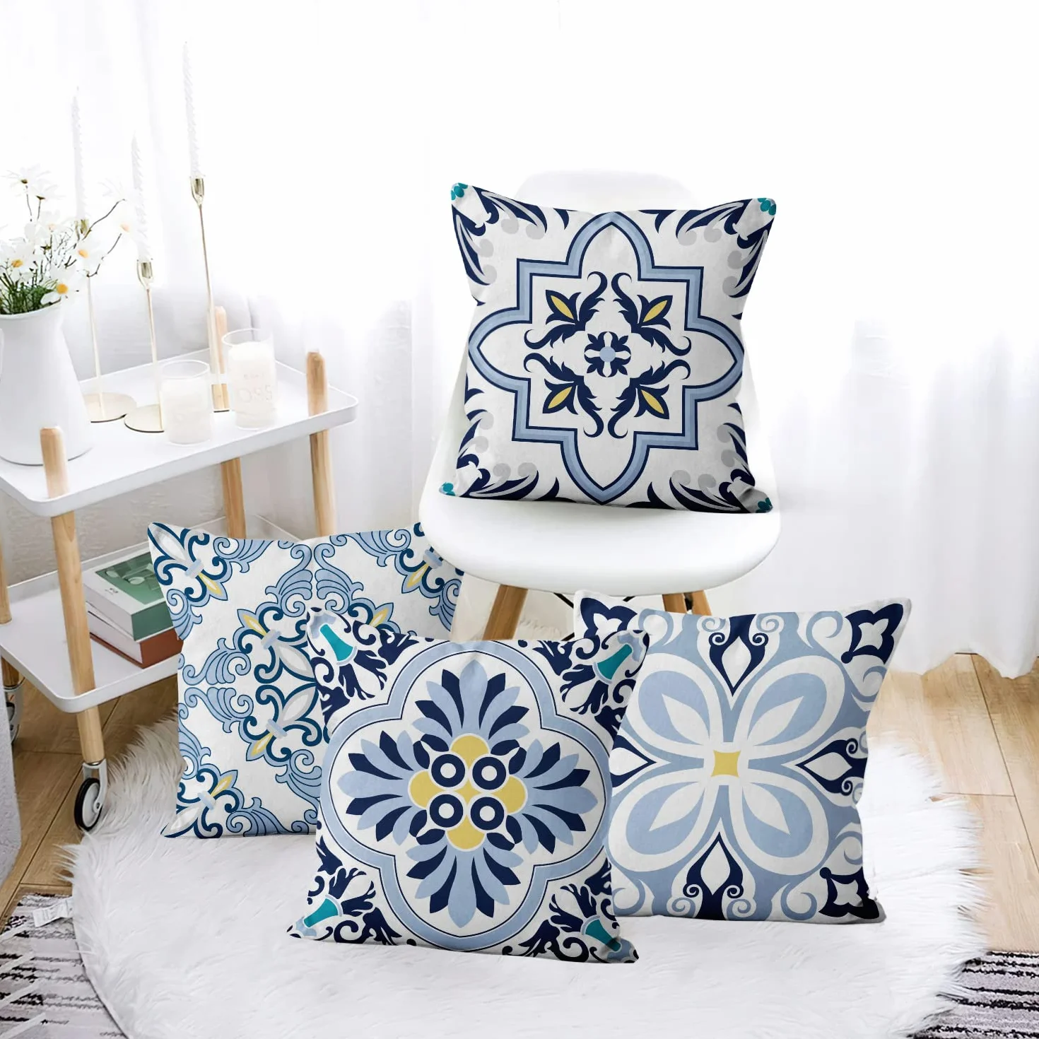 Funda de cojín Boho 50x50 Juego de 4, Azul y Amarillo Retro Geométrico Mandala Floral, Lino para Sofá Cama Exterior