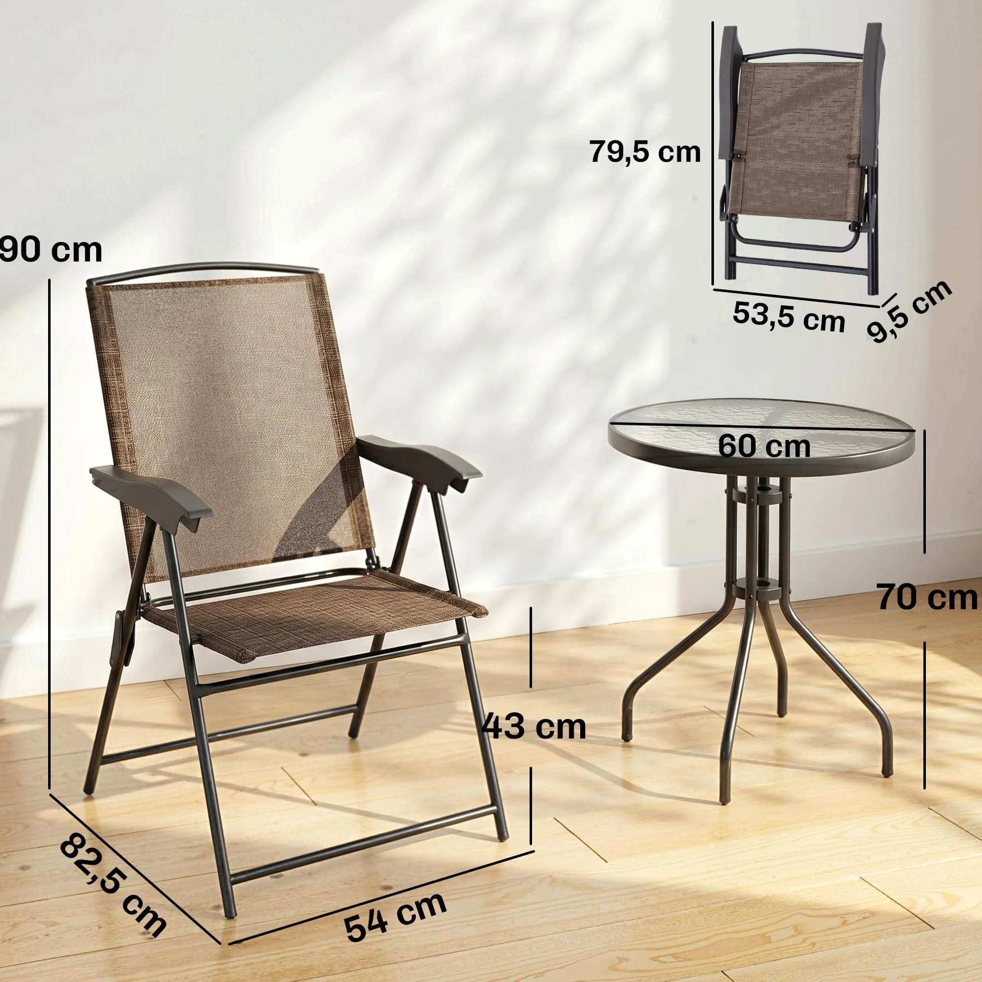 Outsunny Conjunto Mesa y 2 Sillas Jardín Exterior Plegable Respaldo Reclinable 4 Niveles Texteline Acero Marrón
