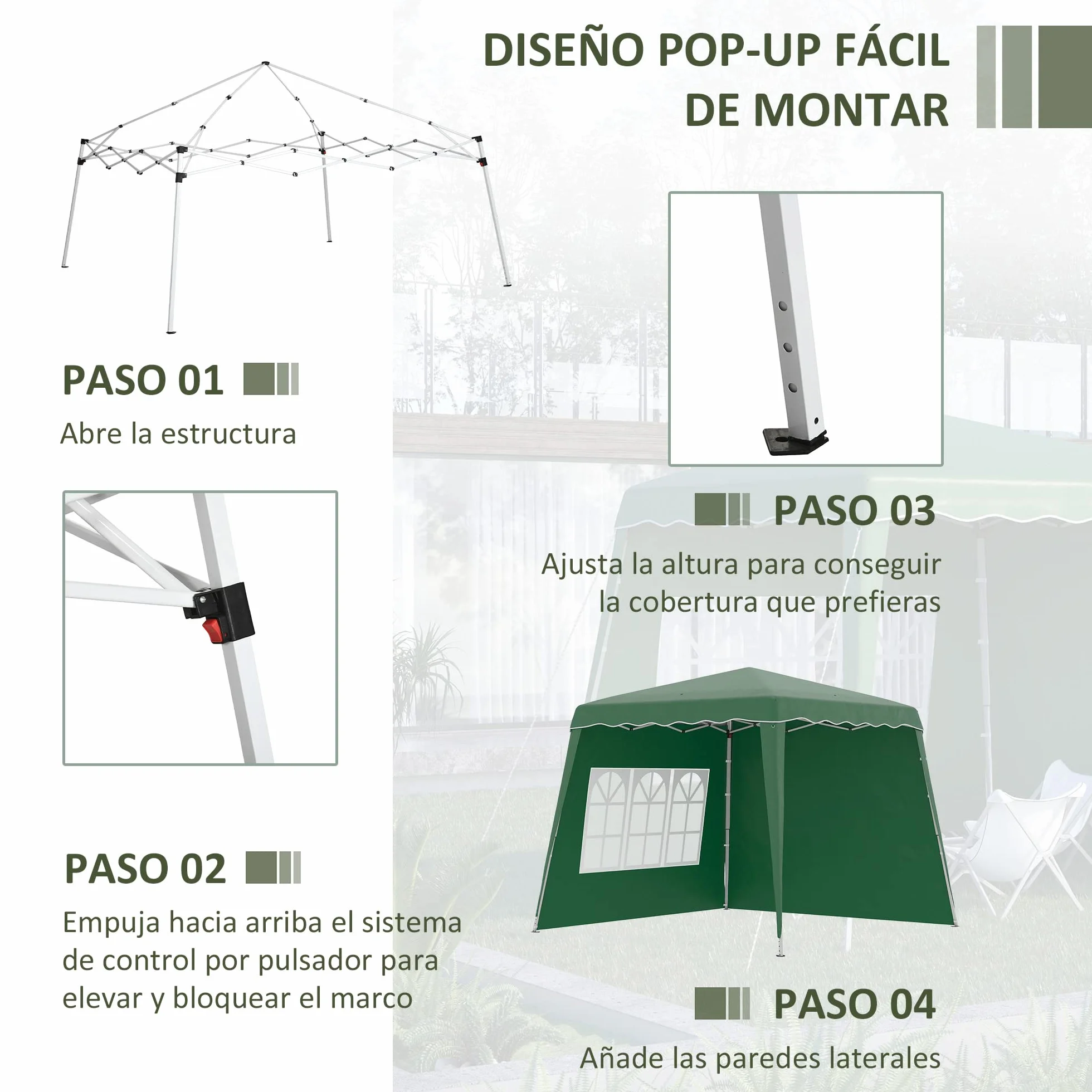 Outsunny Carpa Plegable Pop-up 3x3 m Cenador Pabellón de Jardín con 2 Paredes Laterales Altura Ajustable y Bolsa de Transporte Protección UV50+ Impermeable Gazebo para Camping Fiestas Exterior Verde