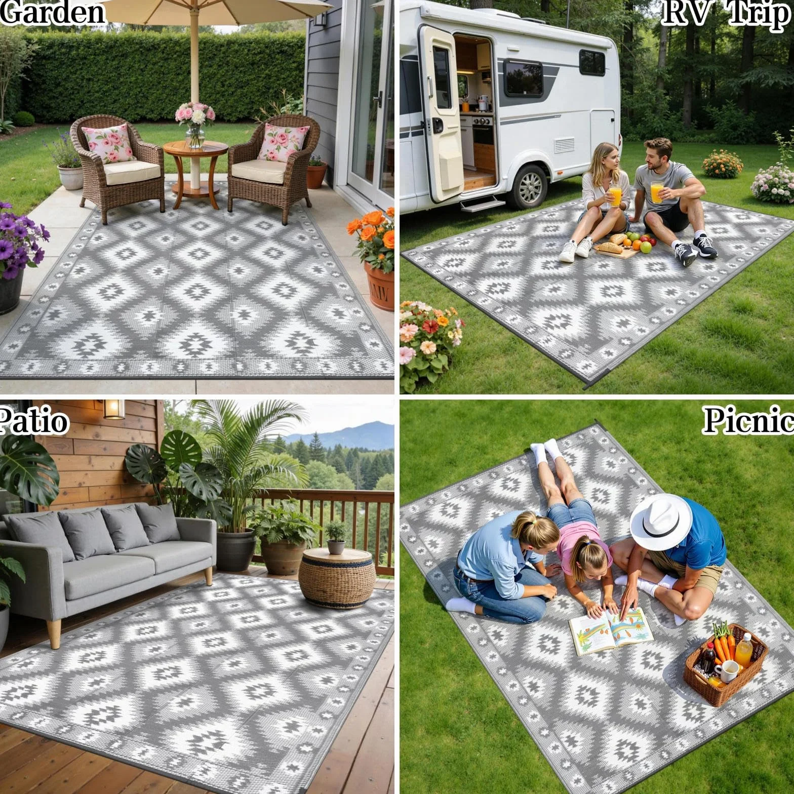 SHACOS Alfombra Terraza Exterior 240x300cm Reversible Plástico Jardín Camping Picnic