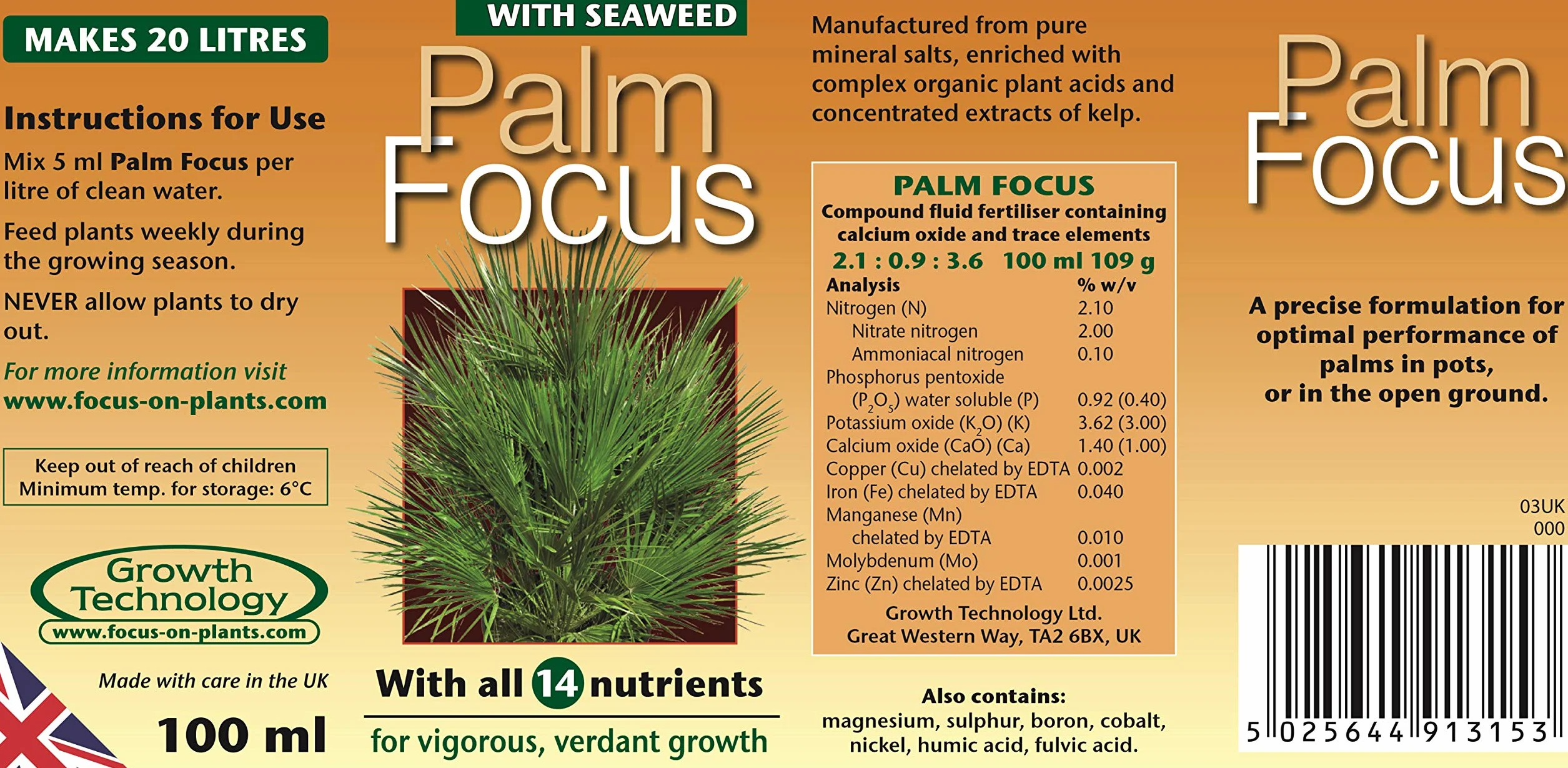 Growth Technology Palm Focus Fertilizante líquido concentrado 100 ml