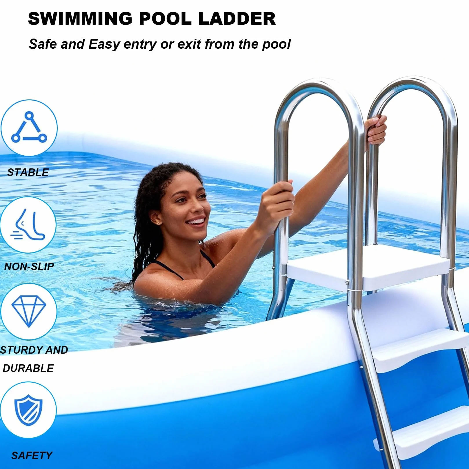 Escalera de Piscina de Lujo 52" Doble Cara Antideslizante 550 LB 4 Peldaños 85cm