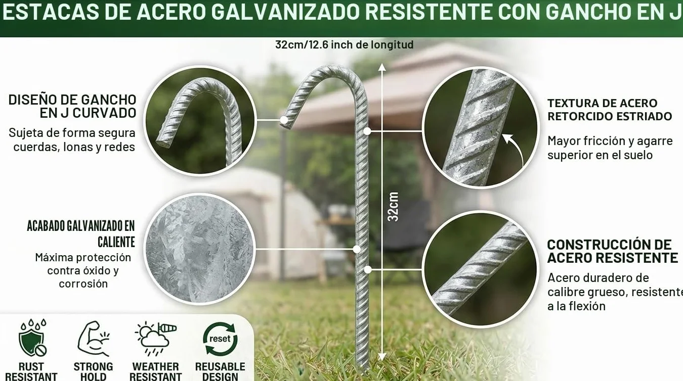 Smith & Barker Pack de 8 Piquetas de Acero Galvanizado 8 mm – Estacas Reforzadas para Exterior